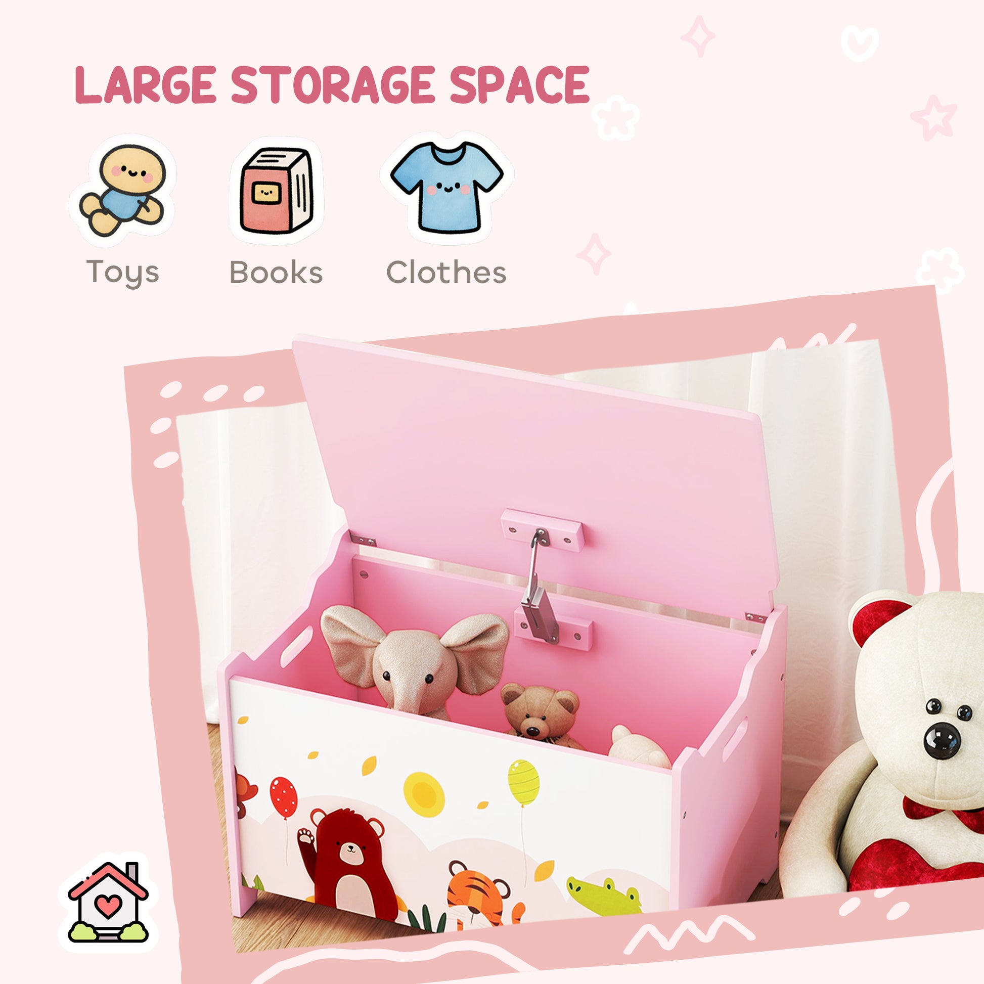 Qaba Kids Storage Chest with Lid, Toy Box Organizer with Safety Hinges for Playroom, Bedroom, Living Room, Pink-Toys & Games > Toddler & Kids Furniture > Baby & Kids Storage-DECOROLALA