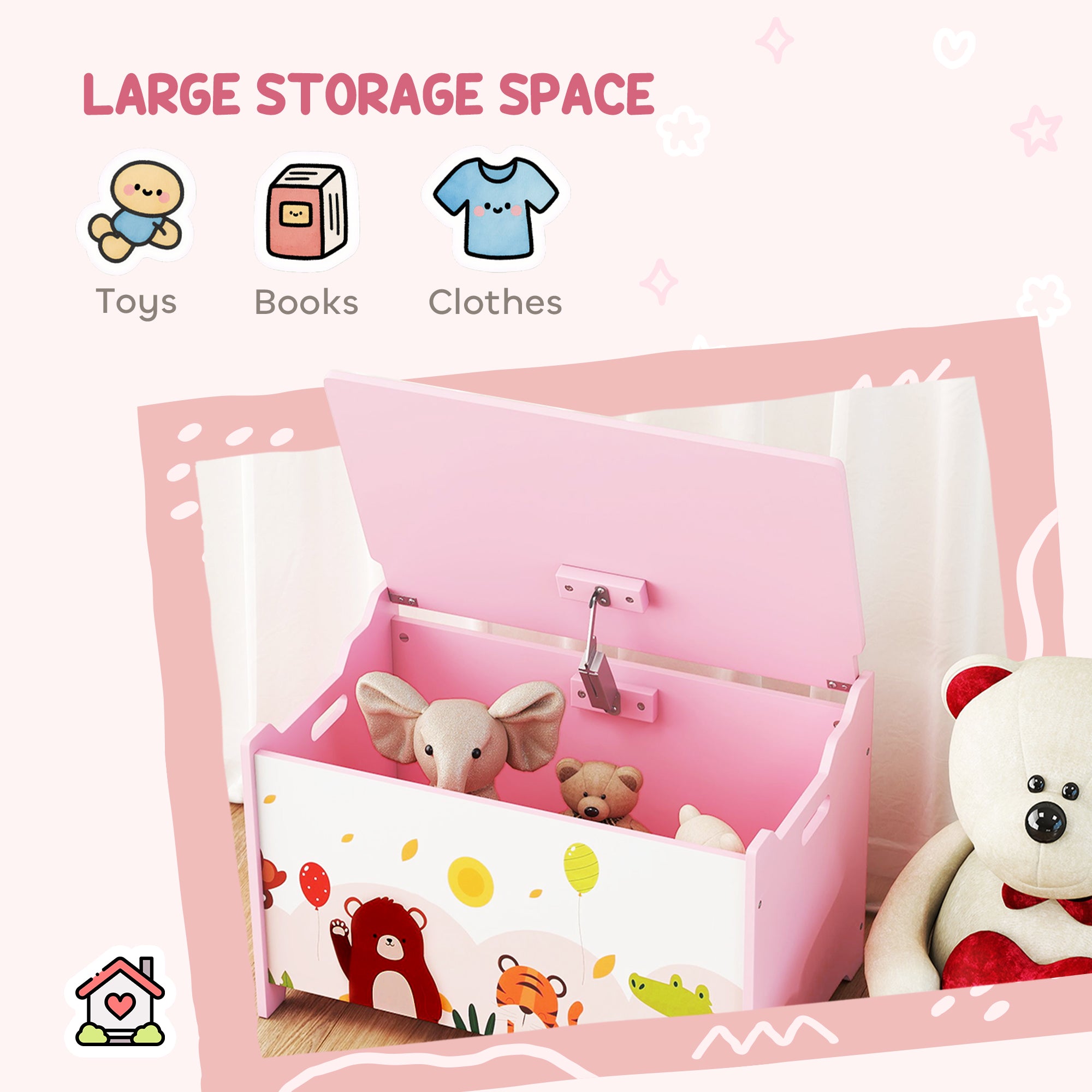 Qaba Kids Storage Chest with Lid, Toy Box Organizer with Safety Hinges for Playroom, Bedroom, Living Room, Pink-Toys & Games > Toddler & Kids Furniture > Baby & Kids Storage-DECOROLALA