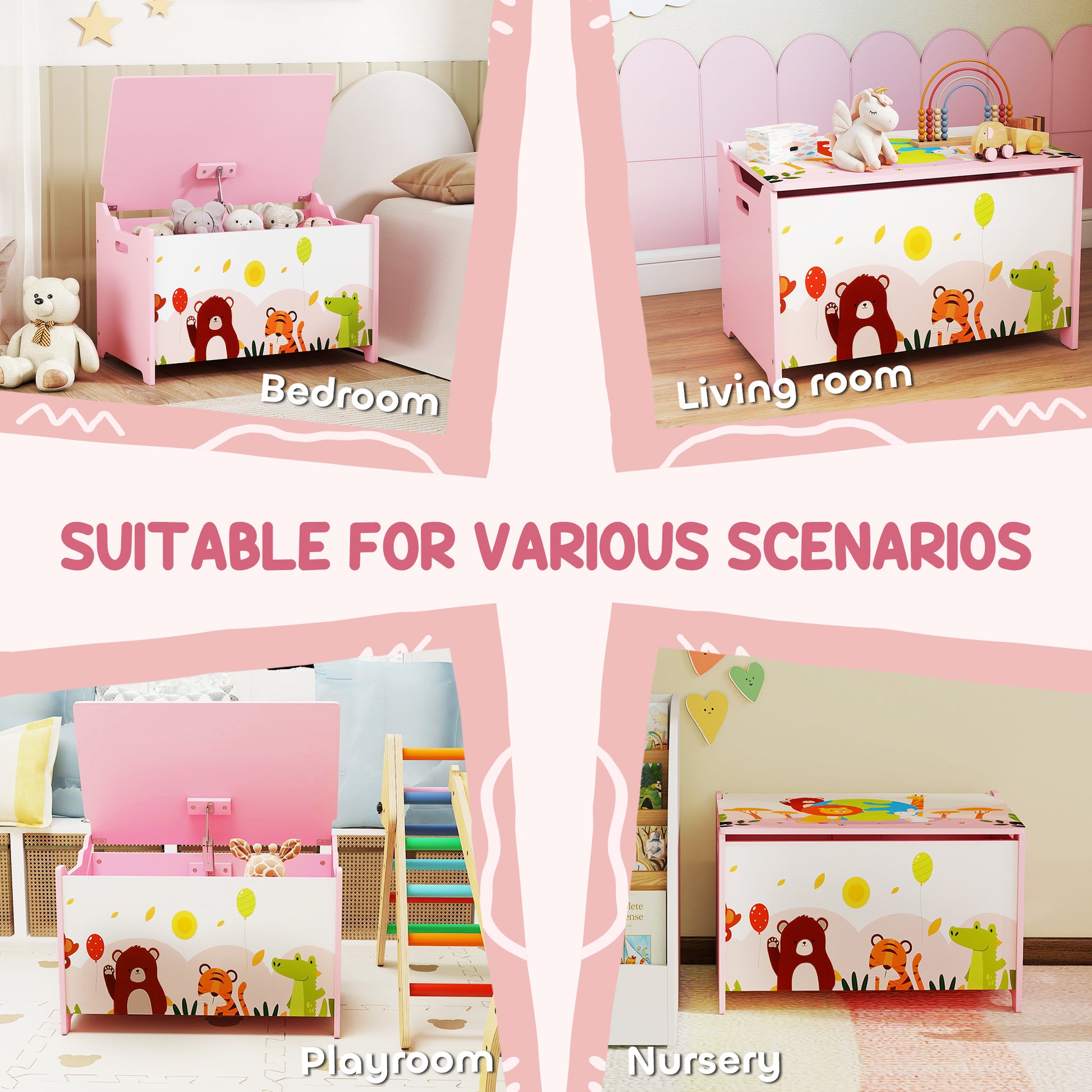 Qaba Kids Storage Chest with Lid, Toy Box Organizer with Safety Hinges for Playroom, Bedroom, Living Room, Pink-Toys & Games > Toddler & Kids Furniture > Baby & Kids Storage-DECOROLALA