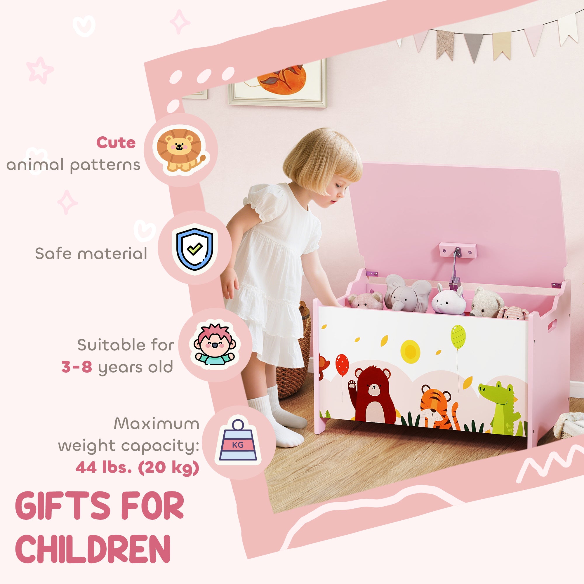 Qaba Kids Storage Chest with Lid, Toy Box Organizer with Safety Hinges for Playroom, Bedroom, Living Room, Pink-Toys & Games > Toddler & Kids Furniture > Baby & Kids Storage-DECOROLALA