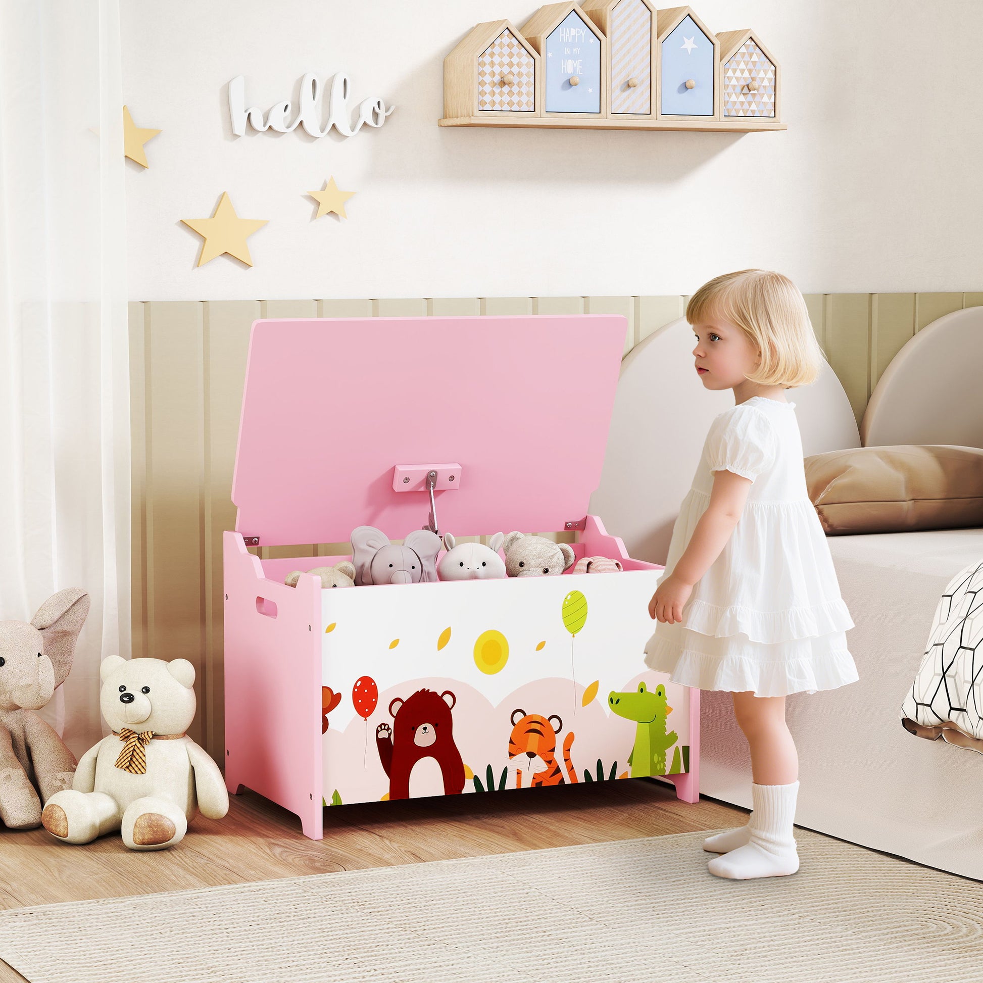 Qaba Kids Storage Chest with Lid, Toy Box Organizer with Safety Hinges for Playroom, Bedroom, Living Room, Pink-Toys & Games > Toddler & Kids Furniture > Baby & Kids Storage-DECOROLALA