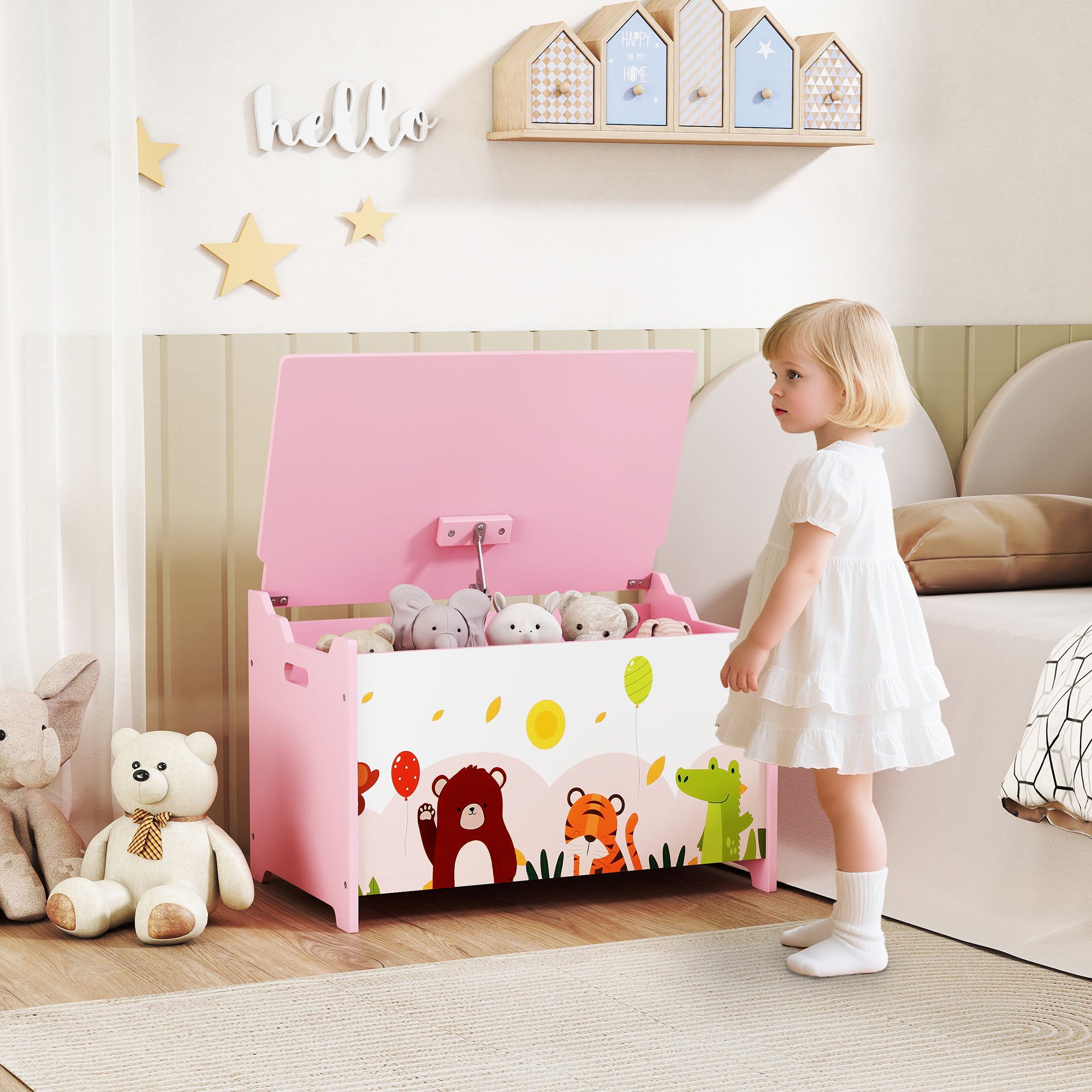 Qaba Kids Storage Chest with Lid, Toy Box Organizer with Safety Hinges for Playroom, Bedroom, Living Room, Pink-Toys & Games > Toddler & Kids Furniture > Baby & Kids Storage-DECOROLALA