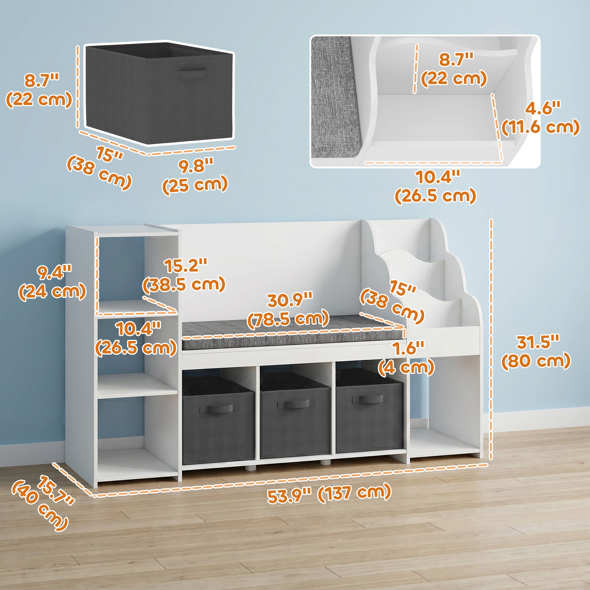 Qaba Kids Storage Shelf with Reading Nook, Toy Storage Organizer with Seat Cushion, 3 Fabric Drawers for Playroom, Nursery-Toys & Games > Toddler & Kids Furniture > Baby & Kids Storage-DECOROLALA
