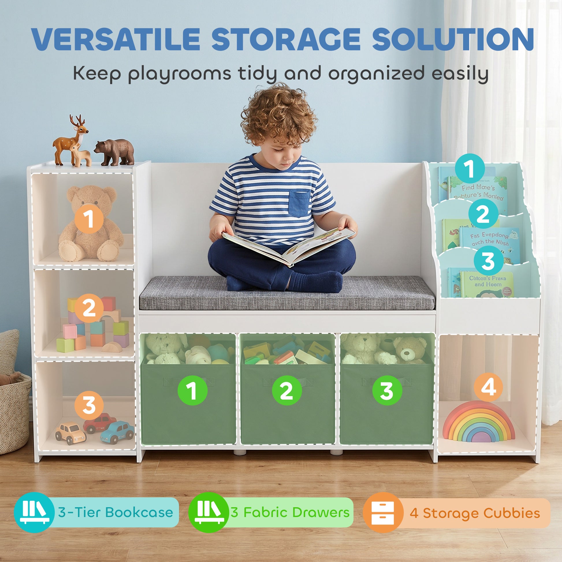 Qaba Kids Storage Shelf with Reading Nook, Toy Storage Organizer with Seat Cushion, 3 Fabric Drawers for Playroom, Nursery-Toys & Games > Toddler & Kids Furniture > Baby & Kids Storage-DECOROLALA