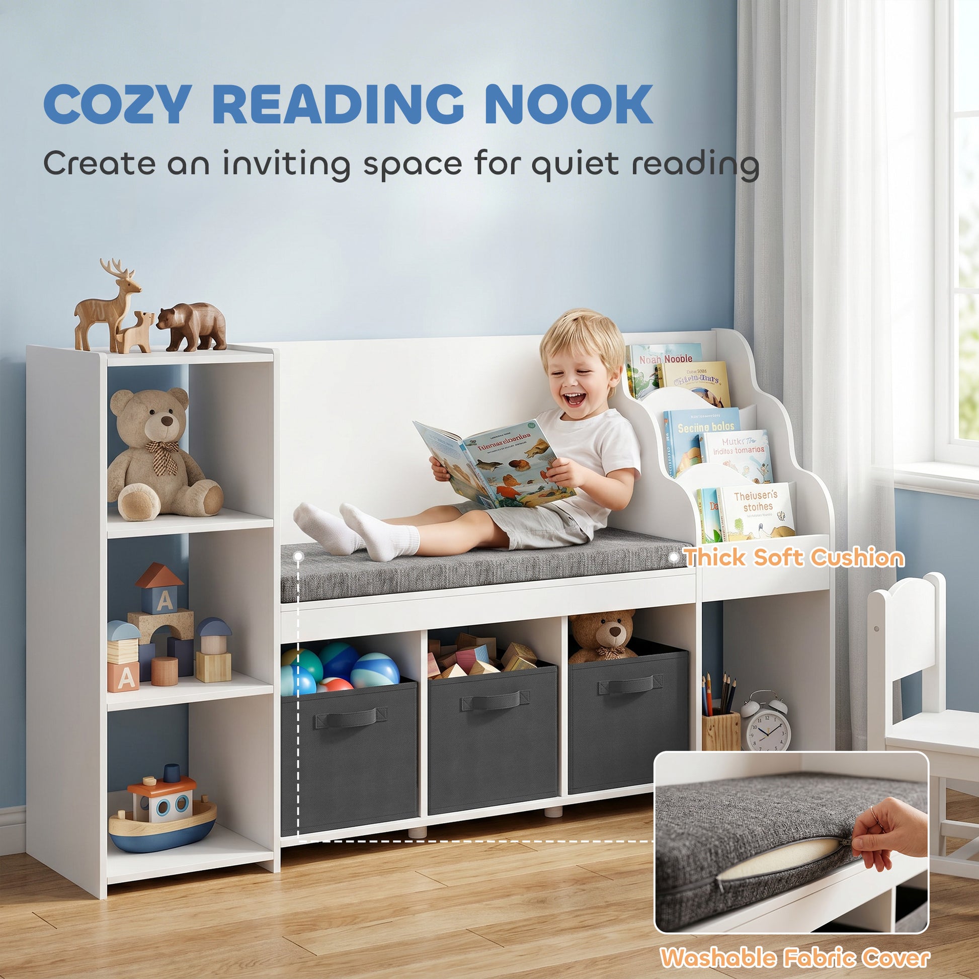 Qaba Kids Storage Shelf with Reading Nook, Toy Storage Organizer with Seat Cushion, 3 Fabric Drawers for Playroom, Nursery-Toys & Games > Toddler & Kids Furniture > Baby & Kids Storage-DECOROLALA