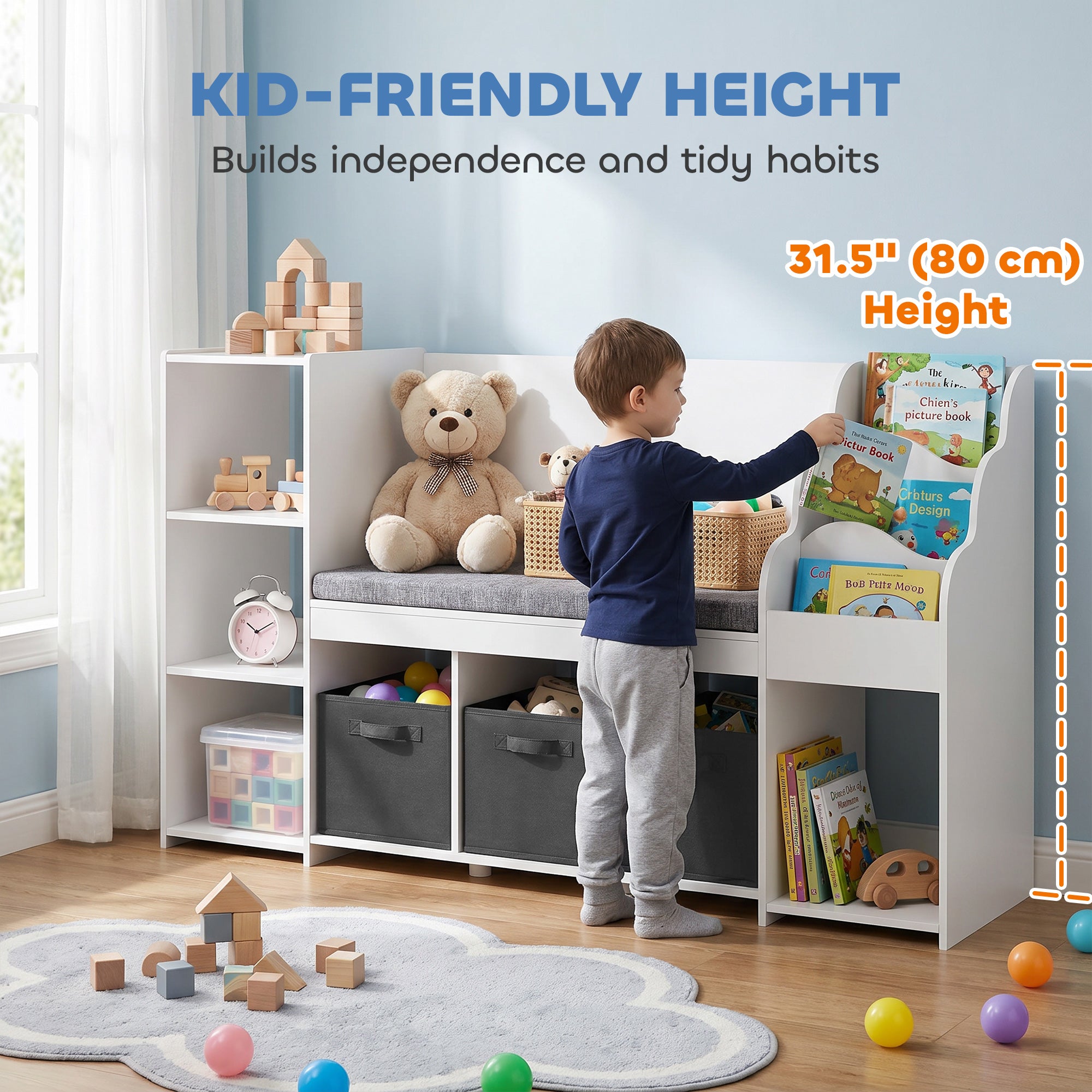 Qaba Kids Storage Shelf with Reading Nook, Toy Storage Organizer with Seat Cushion, 3 Fabric Drawers for Playroom, Nursery-Toys & Games > Toddler & Kids Furniture > Baby & Kids Storage-DECOROLALA