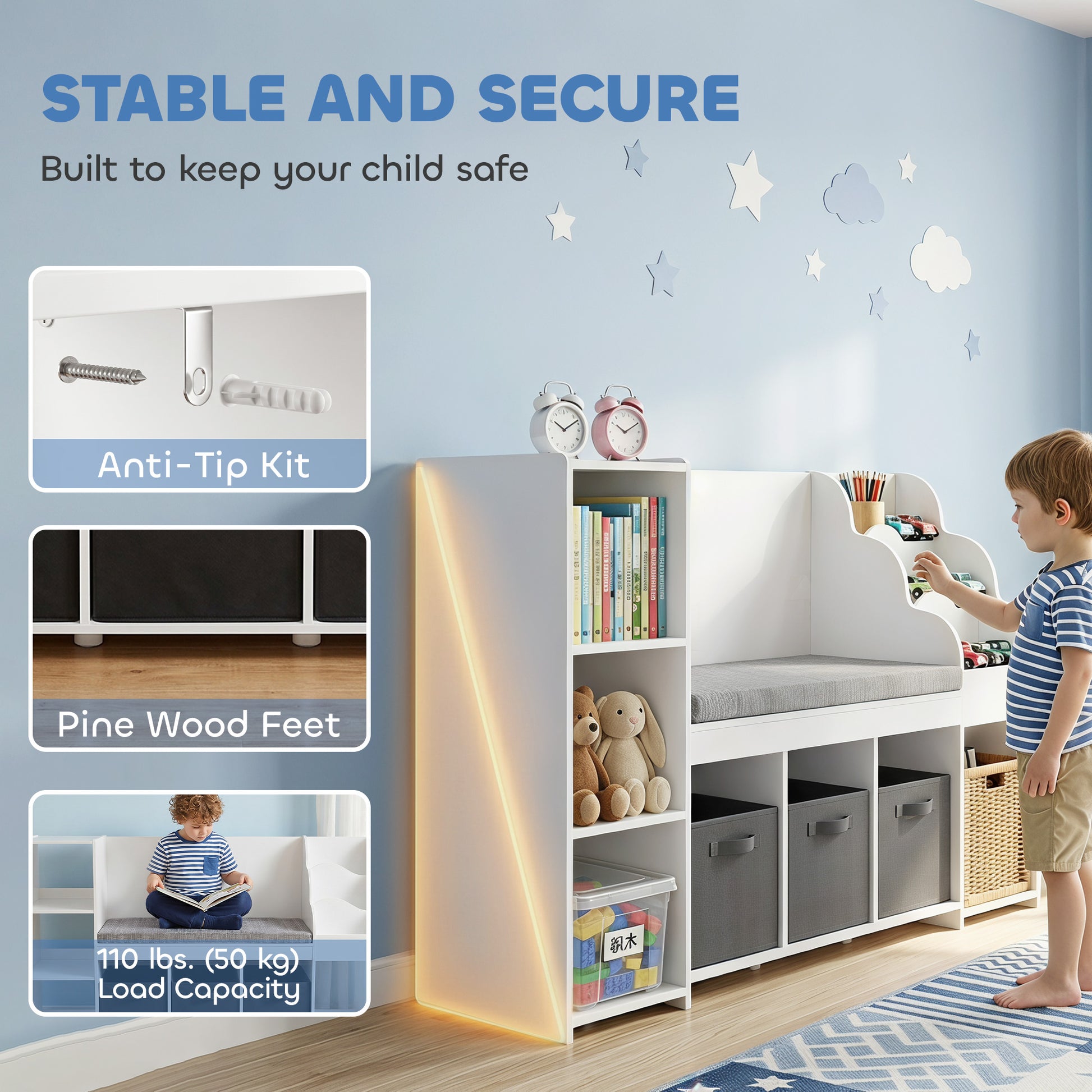Qaba Kids Storage Shelf with Reading Nook, Toy Storage Organizer with Seat Cushion, 3 Fabric Drawers for Playroom, Nursery-Toys & Games > Toddler & Kids Furniture > Baby & Kids Storage-DECOROLALA