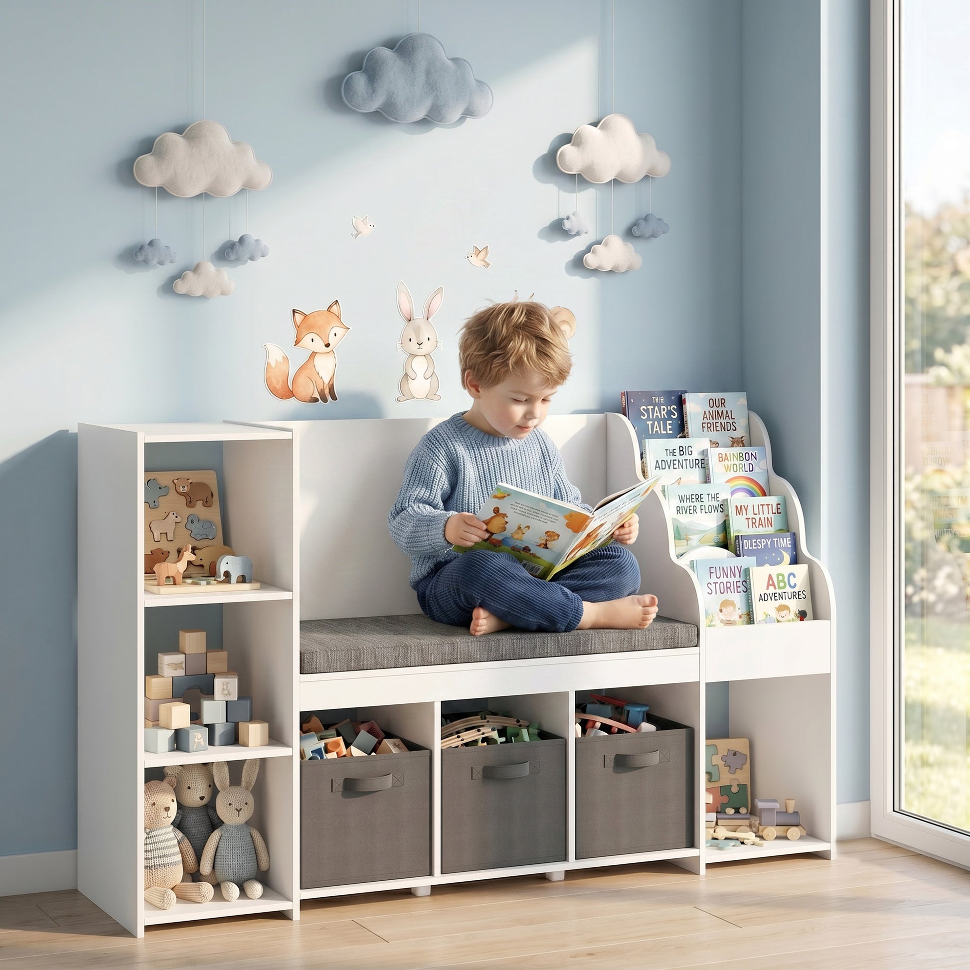Qaba Kids Storage Shelf with Reading Nook, Toy Storage Organizer with Seat Cushion, 3 Fabric Drawers for Playroom, Nursery-Toys & Games > Toddler & Kids Furniture > Baby & Kids Storage-DECOROLALA