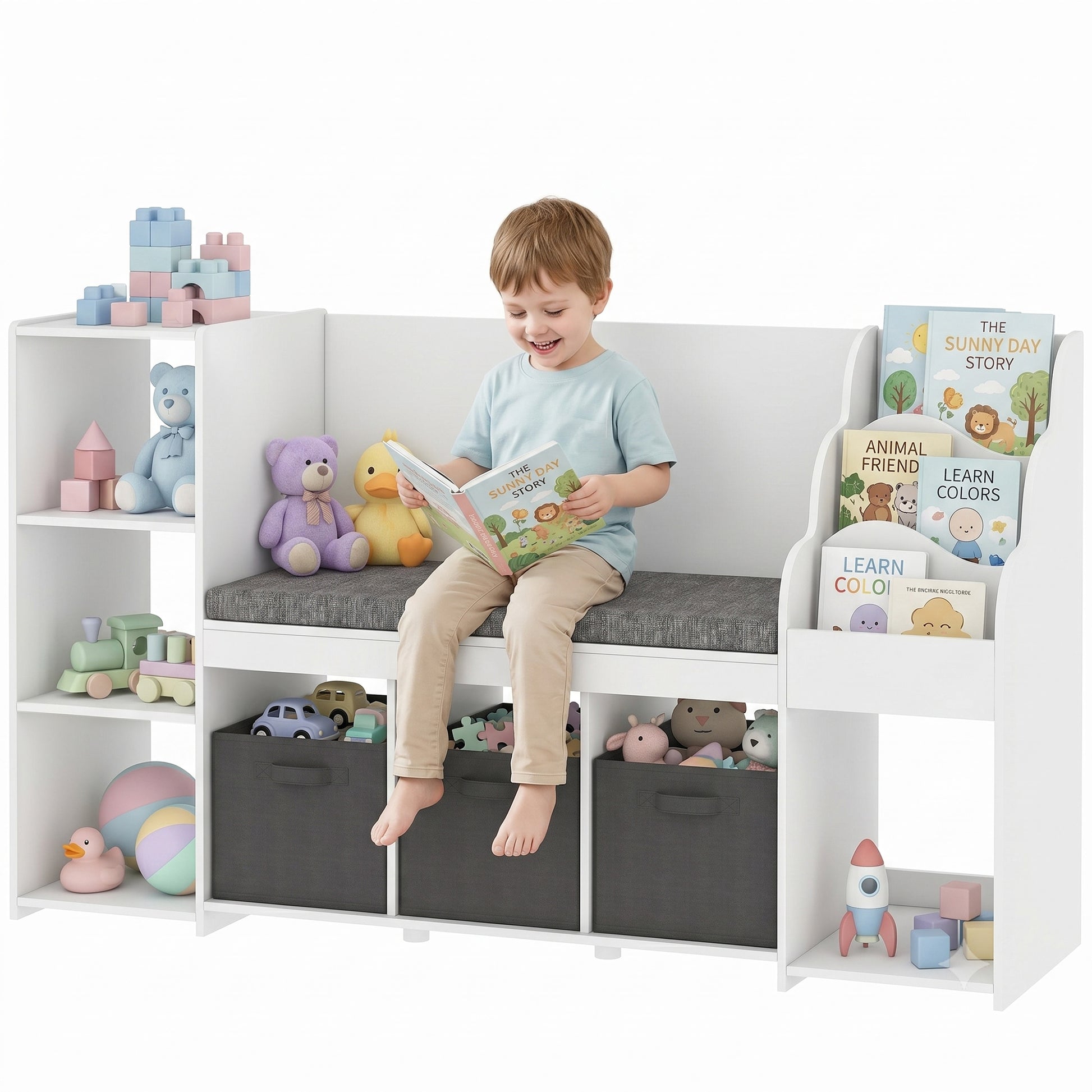 Qaba Kids Storage Shelf with Reading Nook, Toy Storage Organizer with Seat Cushion, 3 Fabric Drawers for Playroom, Nursery-Toys & Games > Toddler & Kids Furniture > Baby & Kids Storage-DECOROLALA