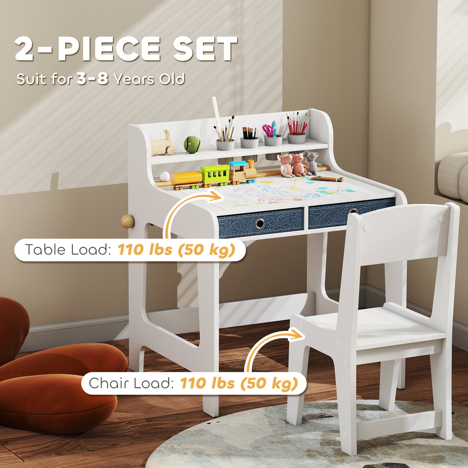 Qaba Kids Study Table and Chair Set, Art Desk and Chair Set with Storage Shelf and Drawers for 3-8 Year Old-Toys & Games > Toddler & Kids Furniture > Kids Desk Sets-DECOROLALA