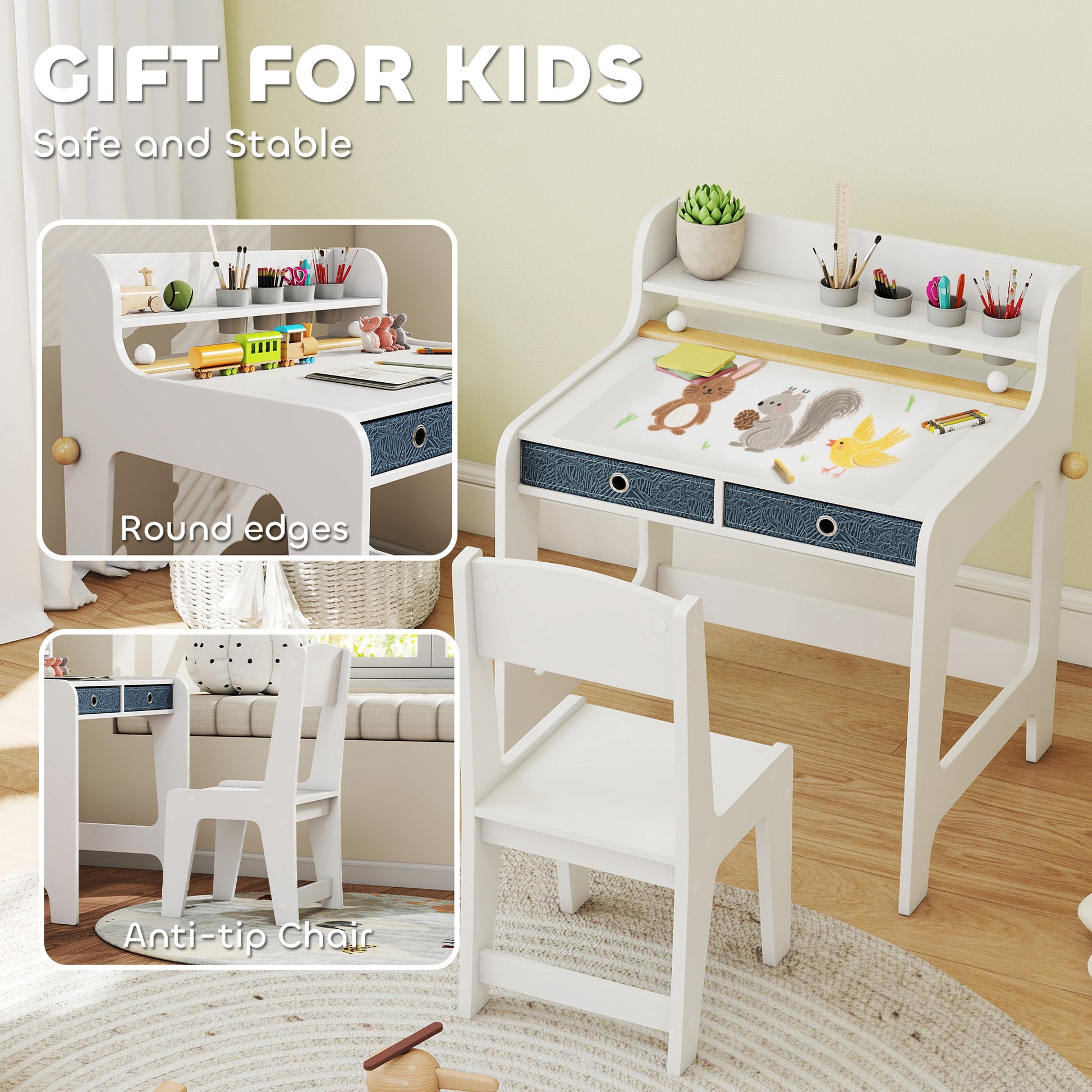 Qaba Kids Study Table and Chair Set, Art Desk and Chair Set with Storage Shelf and Drawers for 3-8 Year Old-Toys & Games > Toddler & Kids Furniture > Kids Desk Sets-DECOROLALA
