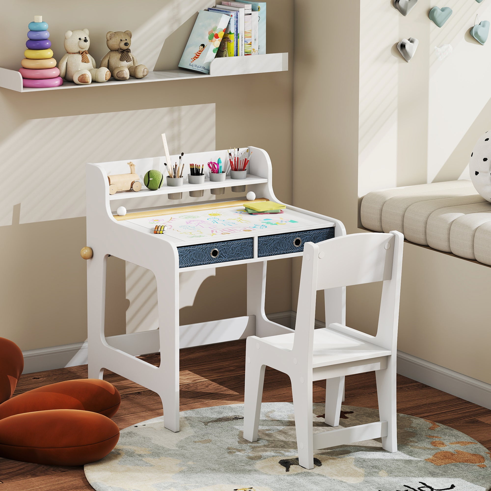 Qaba Kids Study Table and Chair Set, Art Desk and Chair Set with Storage Shelf and Drawers for 3-8 Year Old-Toys & Games > Toddler & Kids Furniture > Kids Desk Sets-DECOROLALA