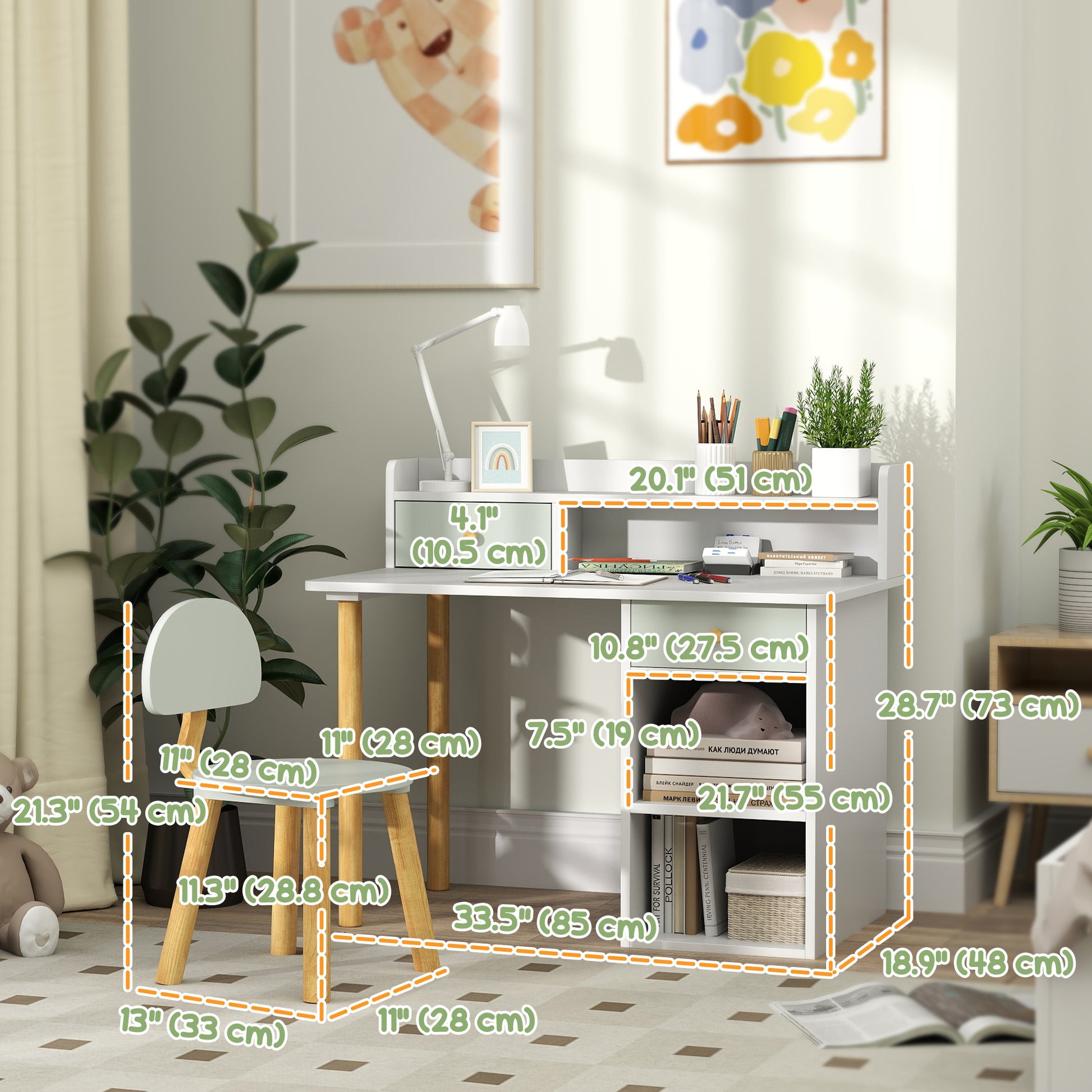Qaba Kids Study Table and Chair Set, Kids Desk and Chair Set w/ Storage and Shelves, for 3-8 Year Old, Green-Toys & Games > Toddler & Kids Furniture > Kids Desk Sets-DECOROLALA