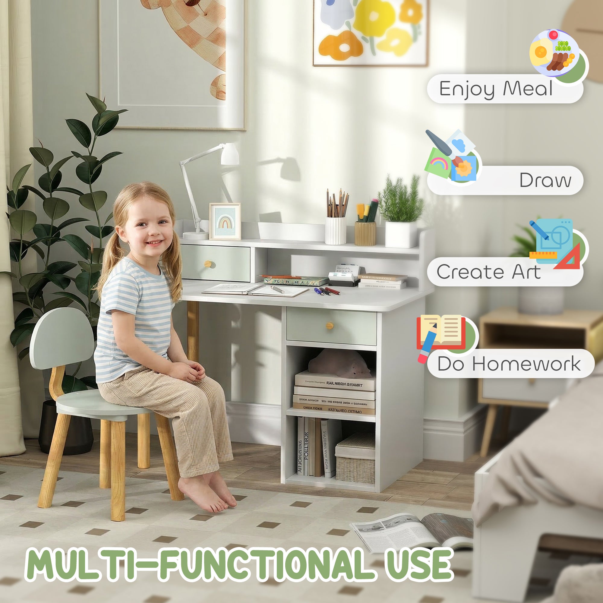 Qaba Kids Study Table and Chair Set, Kids Desk and Chair Set w/ Storage and Shelves, for 3-8 Year Old, Green-Toys & Games > Toddler & Kids Furniture > Kids Desk Sets-DECOROLALA