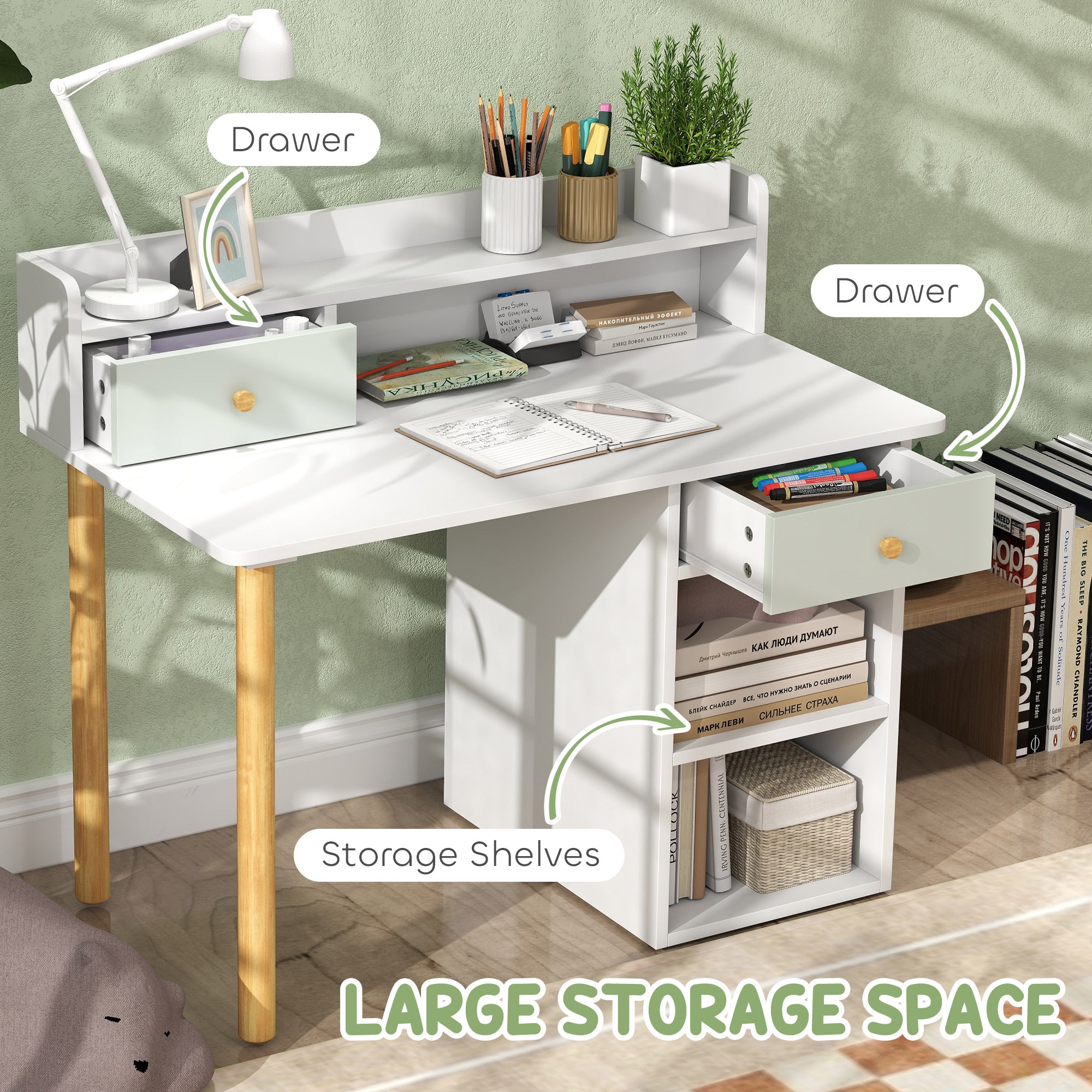 Qaba Kids Study Table and Chair Set, Kids Desk and Chair Set w/ Storage and Shelves, for 3-8 Year Old, Green-Toys & Games > Toddler & Kids Furniture > Kids Desk Sets-DECOROLALA