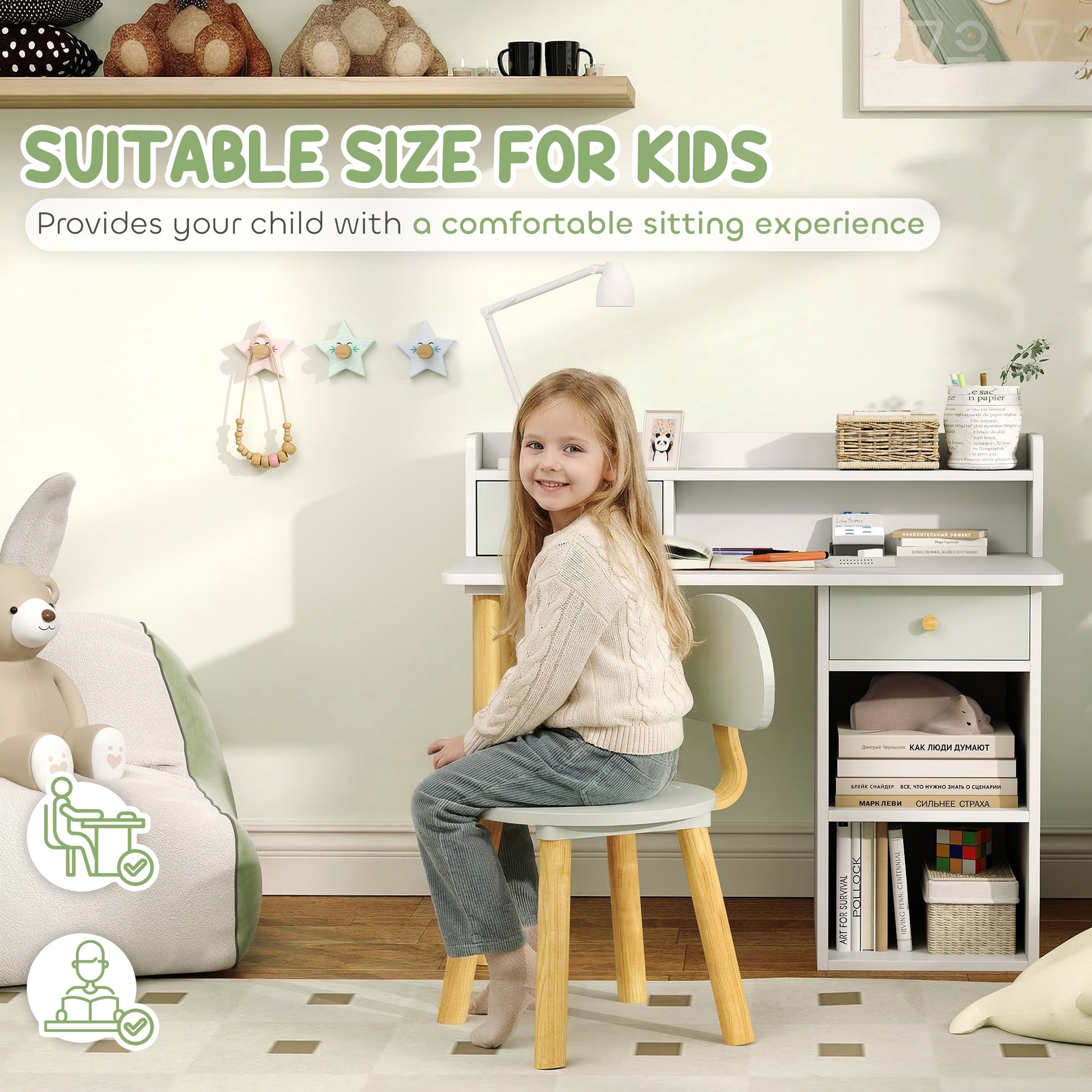 Qaba Kids Study Table and Chair Set, Kids Desk and Chair Set w/ Storage and Shelves, for 3-8 Year Old, Green-Toys & Games > Toddler & Kids Furniture > Kids Desk Sets-DECOROLALA