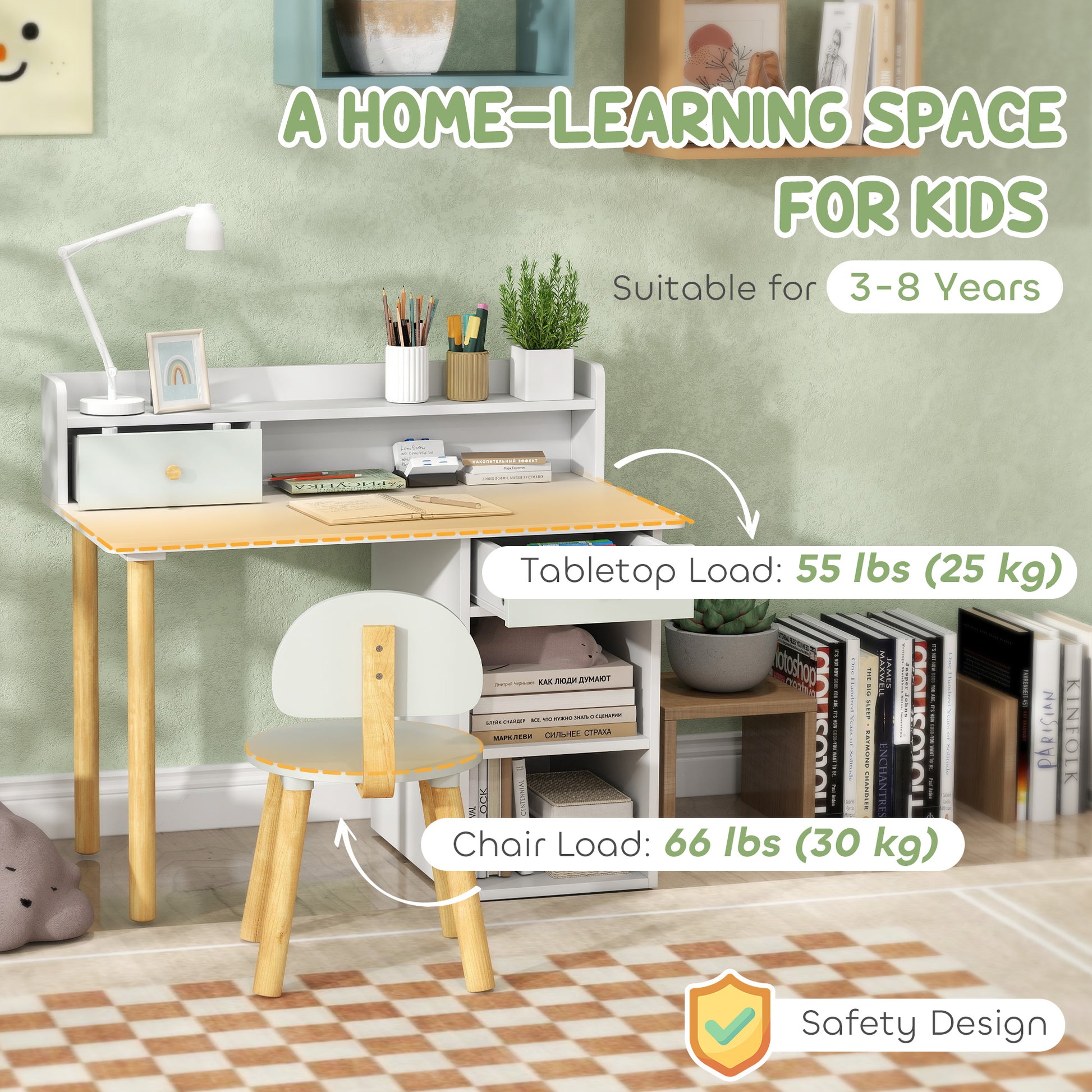 Qaba Kids Study Table and Chair Set, Kids Desk and Chair Set w/ Storage and Shelves, for 3-8 Year Old, Green-Toys & Games > Toddler & Kids Furniture > Kids Desk Sets-DECOROLALA