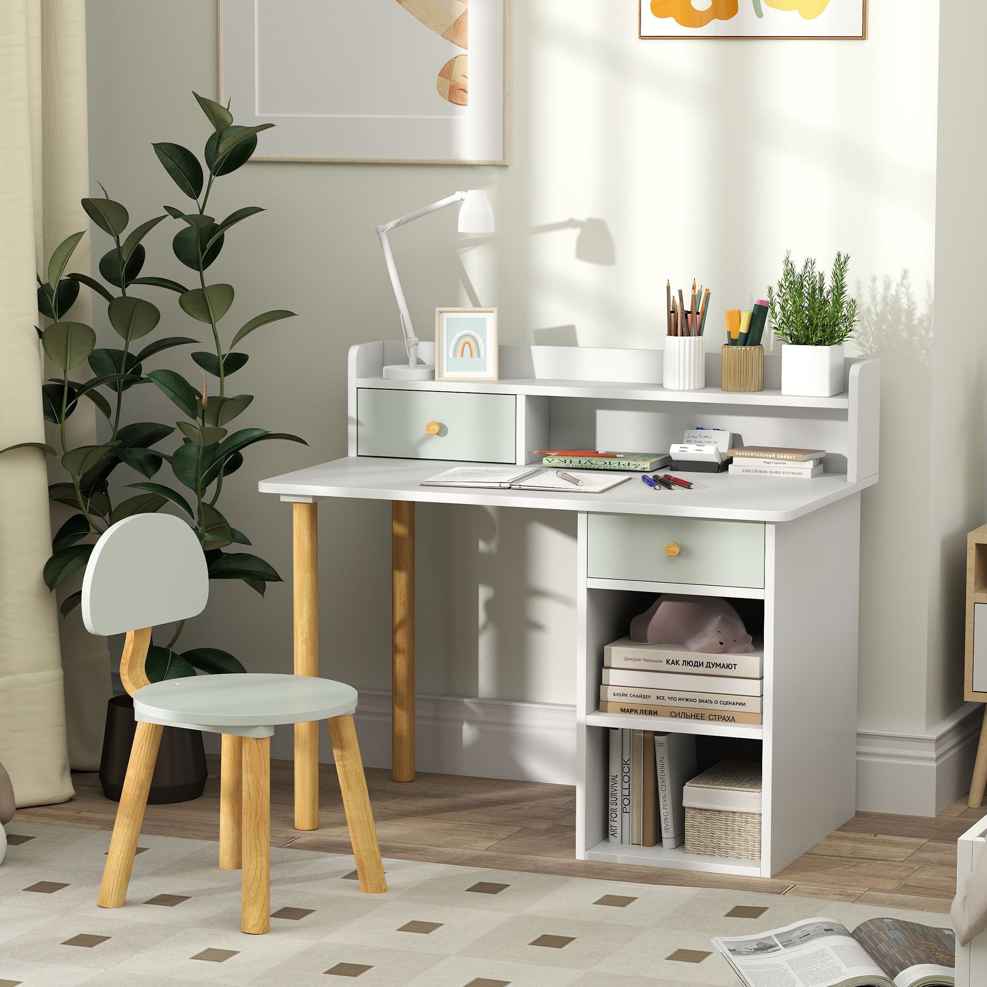 Qaba Kids Study Table and Chair Set, Kids Desk and Chair Set w/ Storage and Shelves, for 3-8 Year Old, Green-Toys & Games > Toddler & Kids Furniture > Kids Desk Sets-DECOROLALA