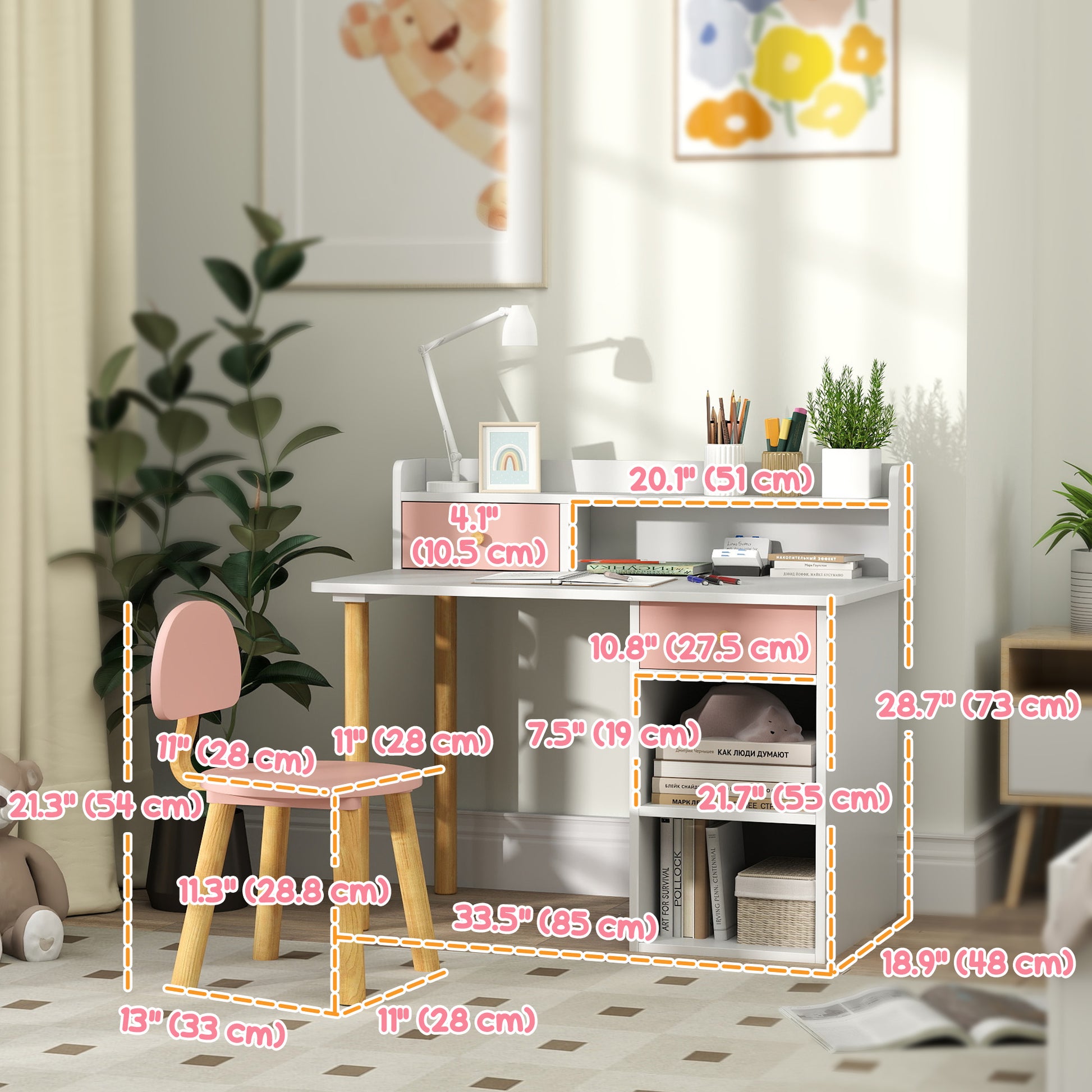 Qaba Kids Study Table and Chair Set, Kids Desk and Chair Set w/ Storage and Shelves, for 3-8 Year Old, Pink-Toys & Games > Toddler & Kids Furniture > Kids Desk Sets-DECOROLALA