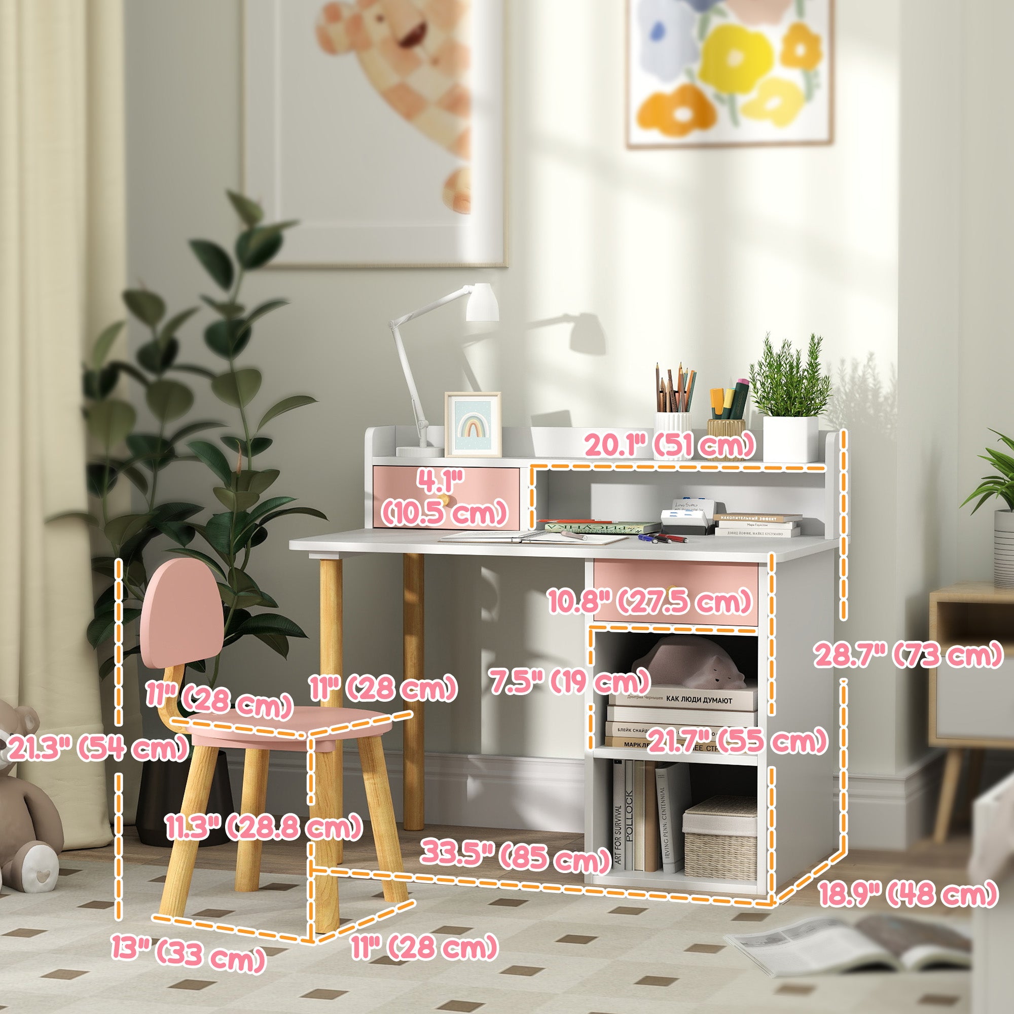 Qaba Kids Study Table and Chair Set, Kids Desk and Chair Set w/ Storage and Shelves, for 3-8 Year Old, Pink-Toys & Games > Toddler & Kids Furniture > Kids Desk Sets-DECOROLALA