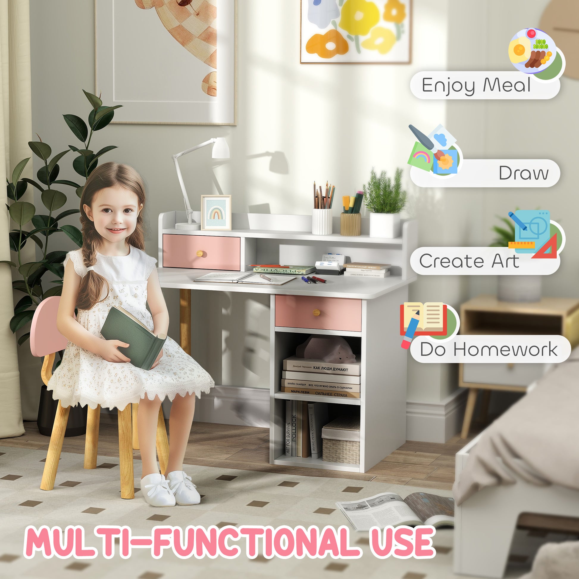 Qaba Kids Study Table and Chair Set, Kids Desk and Chair Set w/ Storage and Shelves, for 3-8 Year Old, Pink-Toys & Games > Toddler & Kids Furniture > Kids Desk Sets-DECOROLALA