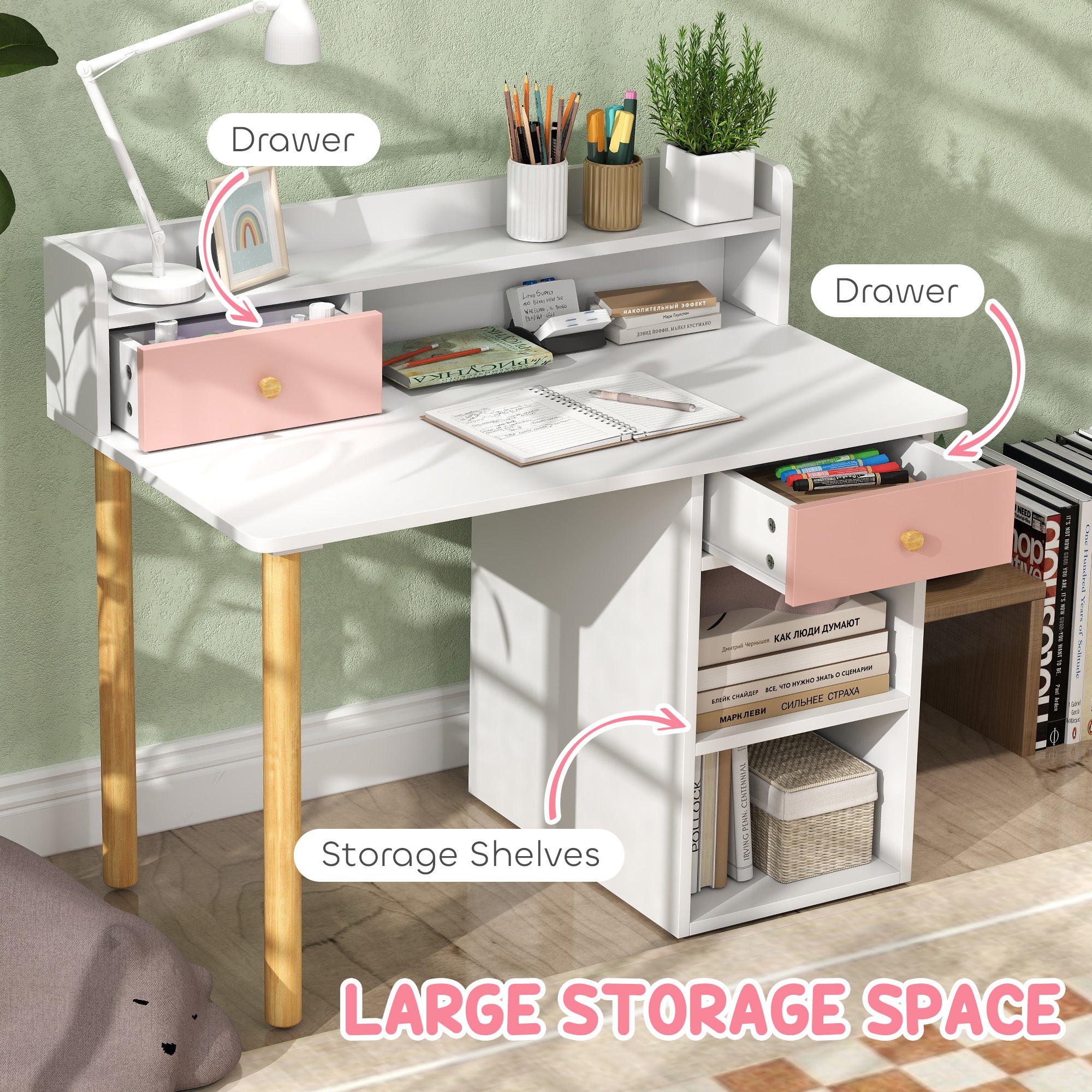Qaba Kids Study Table and Chair Set, Kids Desk and Chair Set w/ Storage and Shelves, for 3-8 Year Old, Pink-Toys & Games > Toddler & Kids Furniture > Kids Desk Sets-DECOROLALA