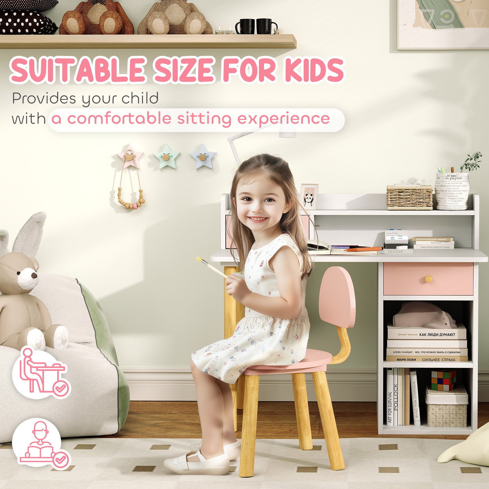 Qaba Kids Study Table and Chair Set, Kids Desk and Chair Set w/ Storage and Shelves, for 3-8 Year Old, Pink-Toys & Games > Toddler & Kids Furniture > Kids Desk Sets-DECOROLALA