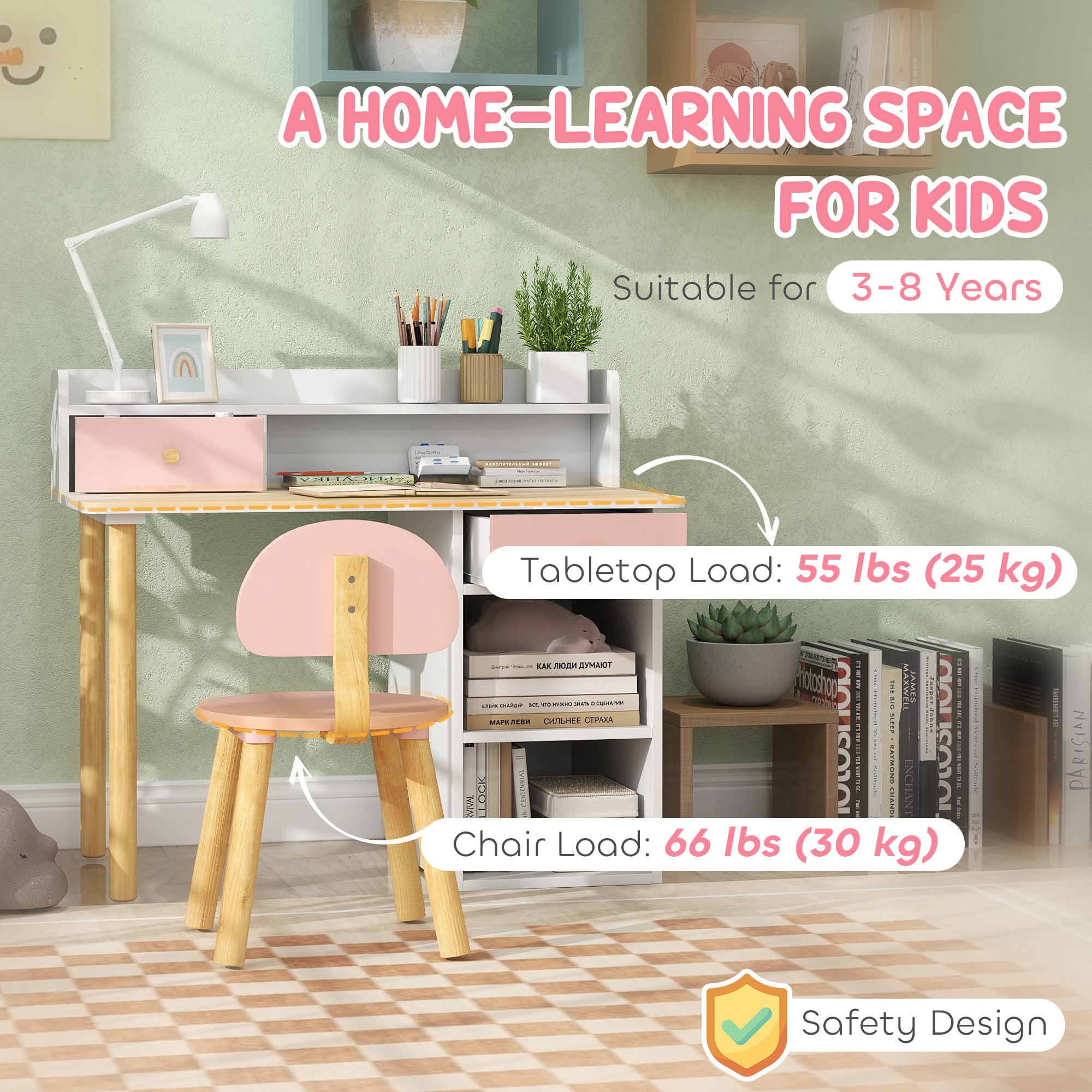 Qaba Kids Study Table and Chair Set, Kids Desk and Chair Set w/ Storage and Shelves, for 3-8 Year Old, Pink-Toys & Games > Toddler & Kids Furniture > Kids Desk Sets-DECOROLALA