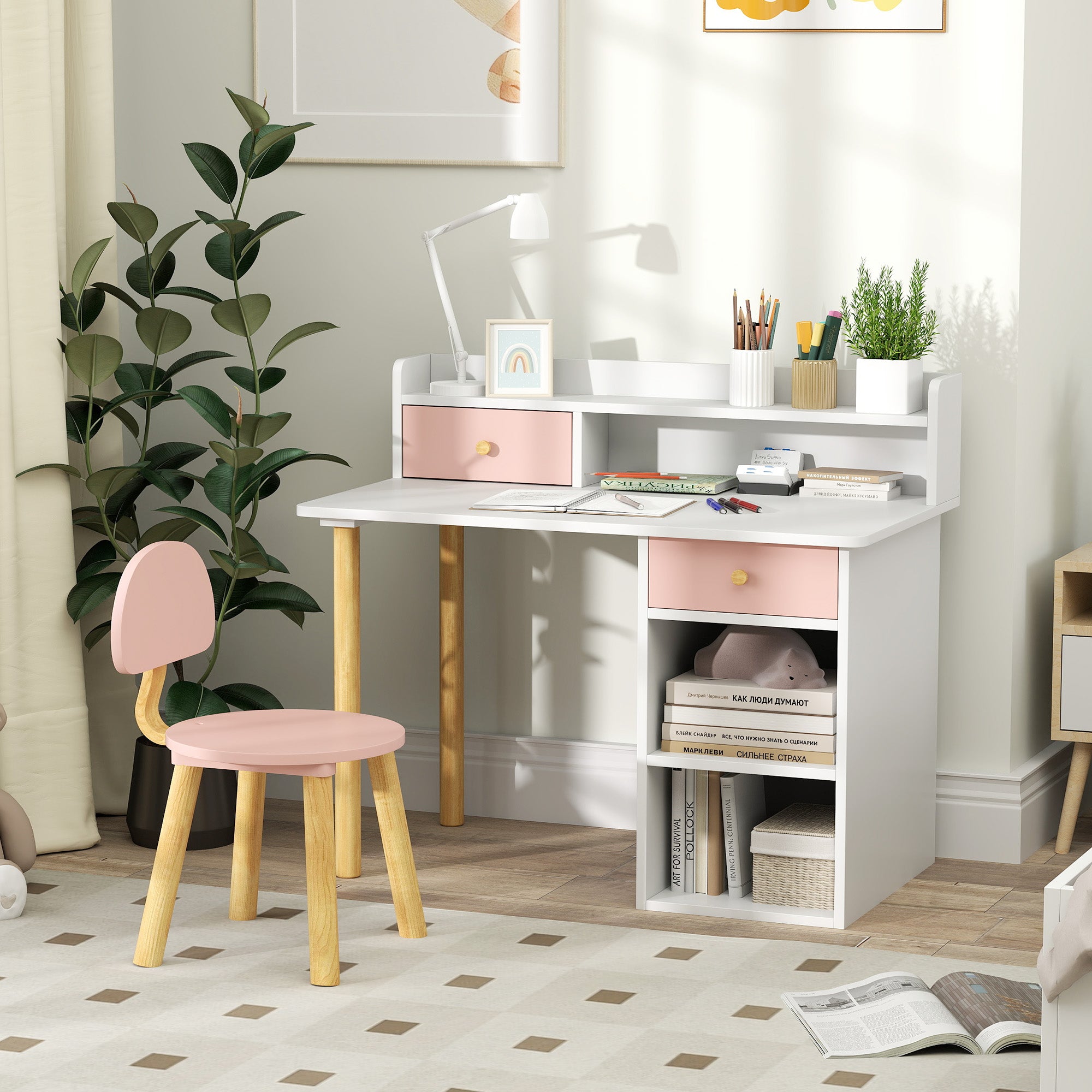 Qaba Kids Study Table and Chair Set, Kids Desk and Chair Set w/ Storage and Shelves, for 3-8 Year Old, Pink-Toys & Games > Toddler & Kids Furniture > Kids Desk Sets-DECOROLALA
