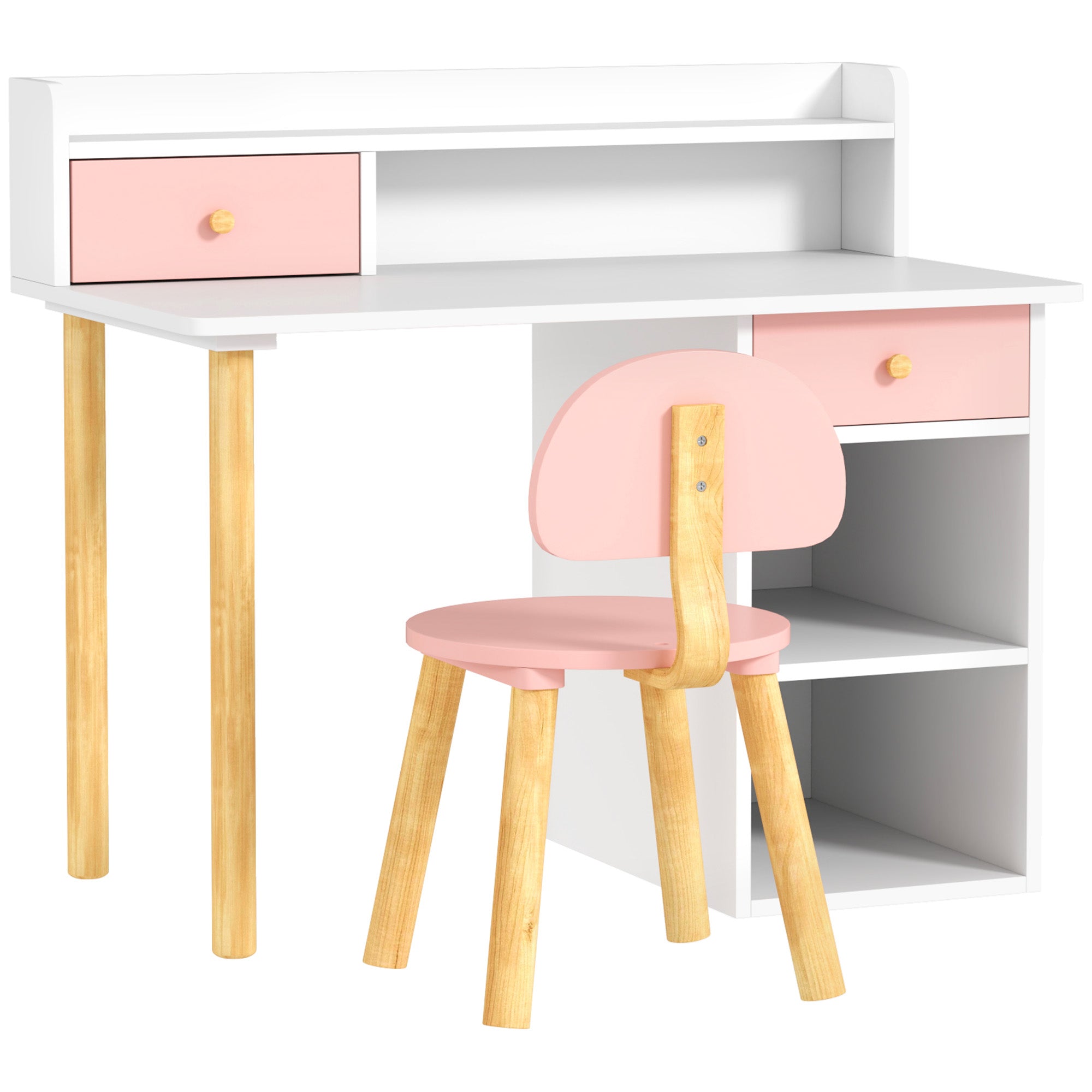 Qaba Kids Study Table and Chair Set, Kids Desk and Chair Set w/ Storage and Shelves, for 3-8 Year Old, Pink-Toys & Games > Toddler & Kids Furniture > Kids Desk Sets-DECOROLALA