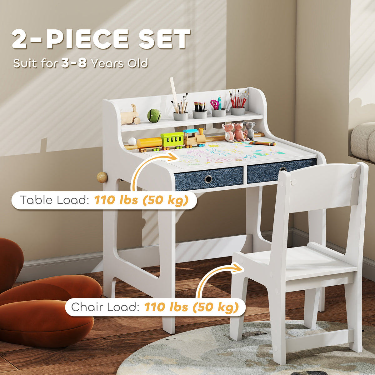 Qaba Kids Study Table and Chair Set with Storage - White White-Toys & Games > Toddler & Kids Furniture > Kids Desk Sets-DECOROLALA