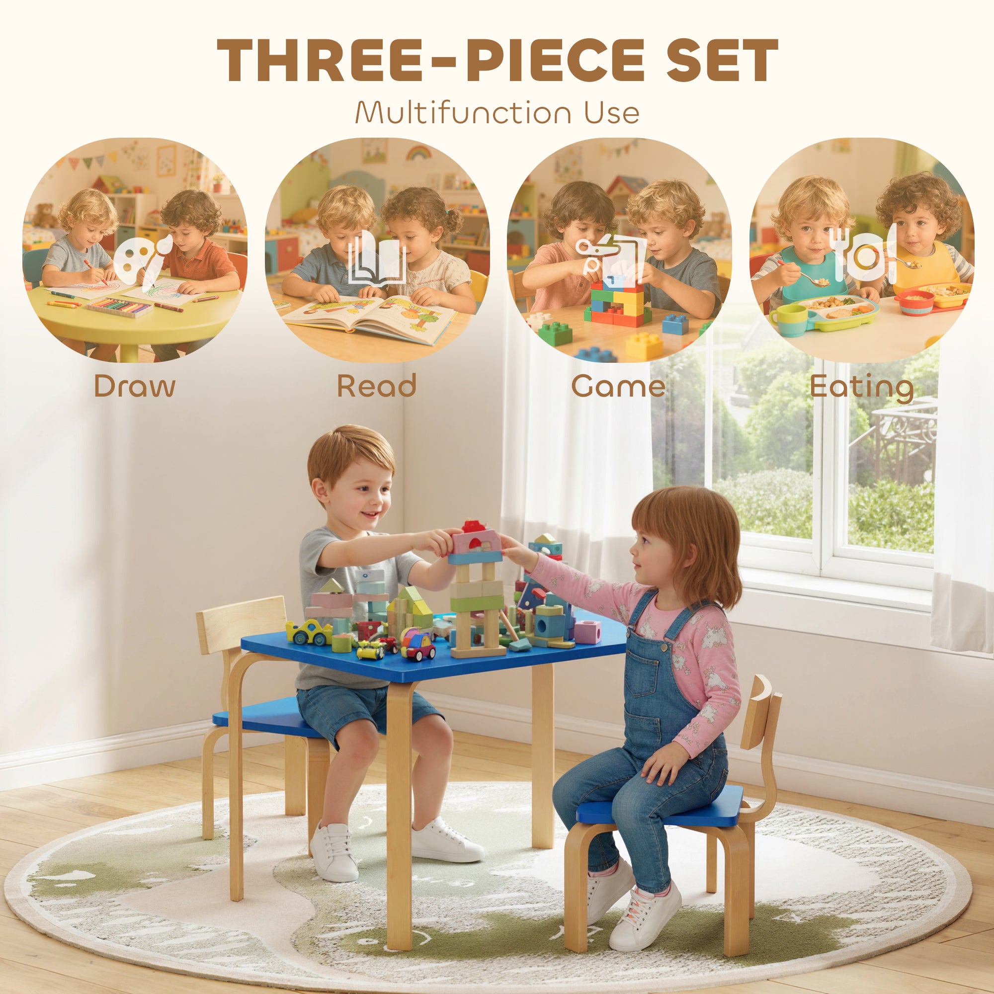Qaba Kids Table and 2 Chair Set, Children Multi-Activity Furniture Set for Playing, Learning, Eating, Craft, Blue-Toys & Games > Toddler & Kids Furniture > Kids Table Sets-DECOROLALA
