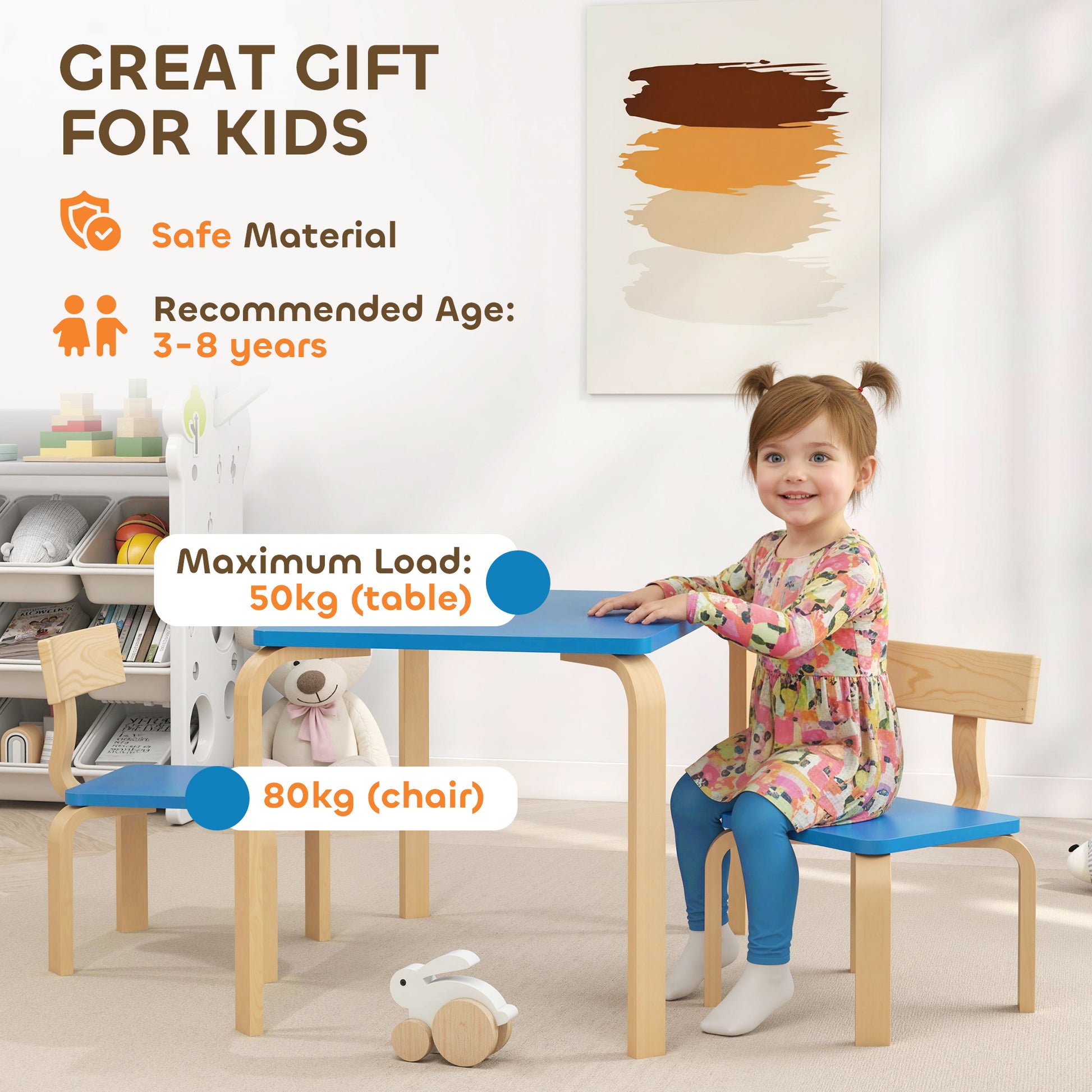 Qaba Kids Table and 2 Chair Set, Children Multi-Activity Furniture Set for Playing, Learning, Eating, Craft, Blue-Toys & Games > Toddler & Kids Furniture > Kids Table Sets-DECOROLALA