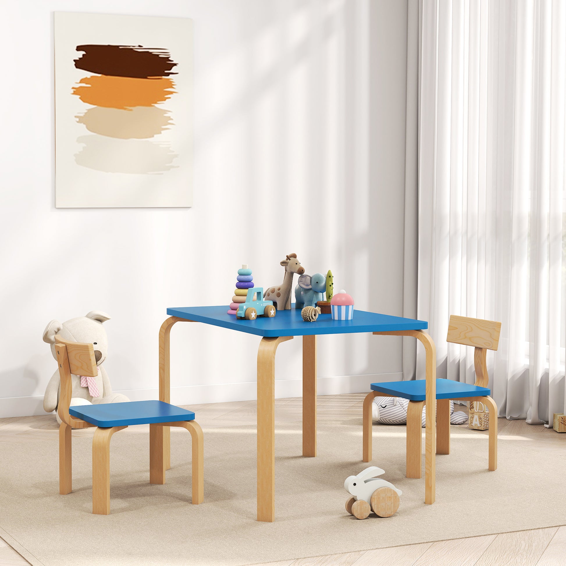 Qaba Kids Table and 2 Chair Set, Children Multi-Activity Furniture Set for Playing, Learning, Eating, Craft, Blue-Toys & Games > Toddler & Kids Furniture > Kids Table Sets-DECOROLALA