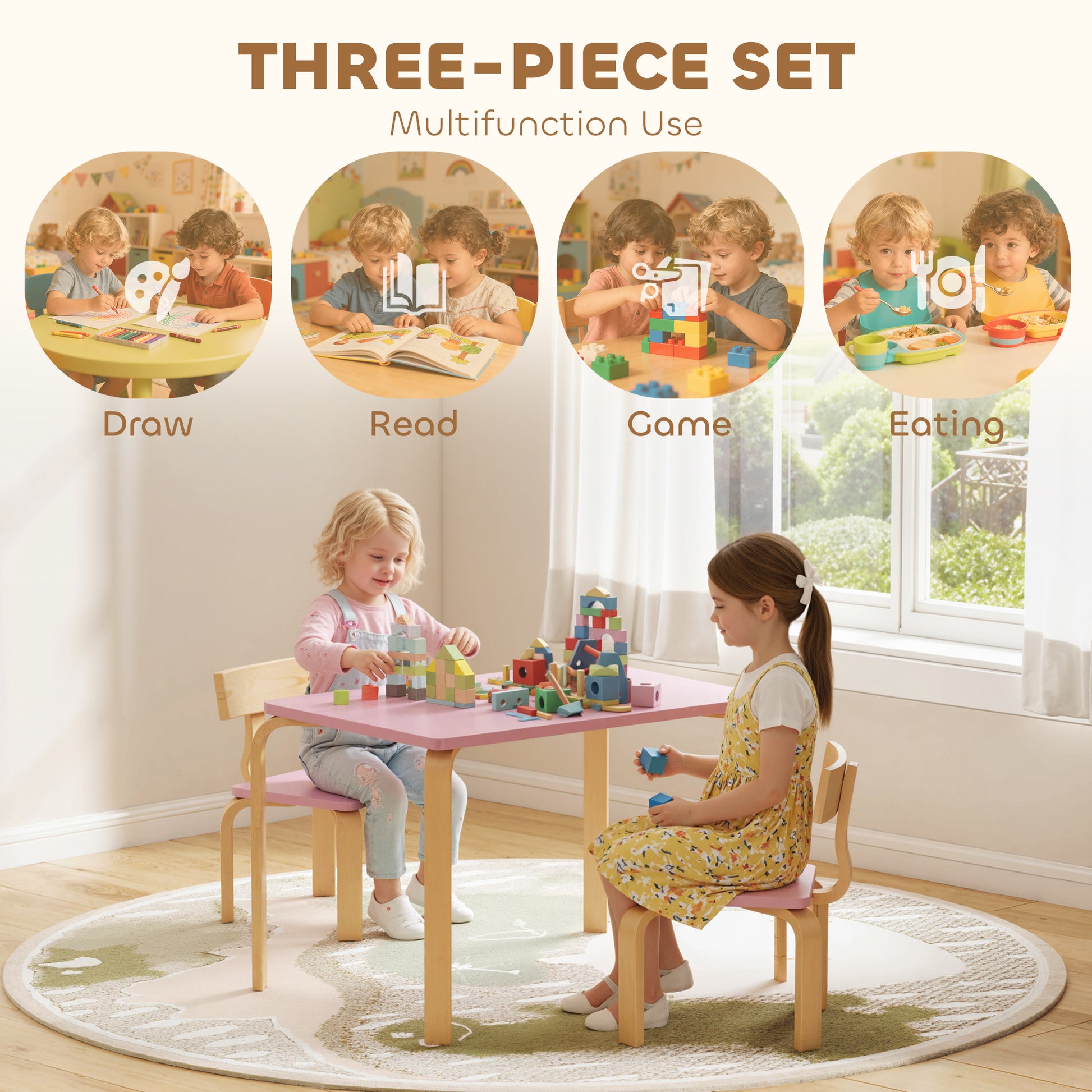 Qaba Kids Table and 2 Chair Set, Children Multi-Activity Furniture Set for Playing, Learning, Eating, Craft, Pink-Toys & Games > Toddler & Kids Furniture > Kids Table Sets-DECOROLALA