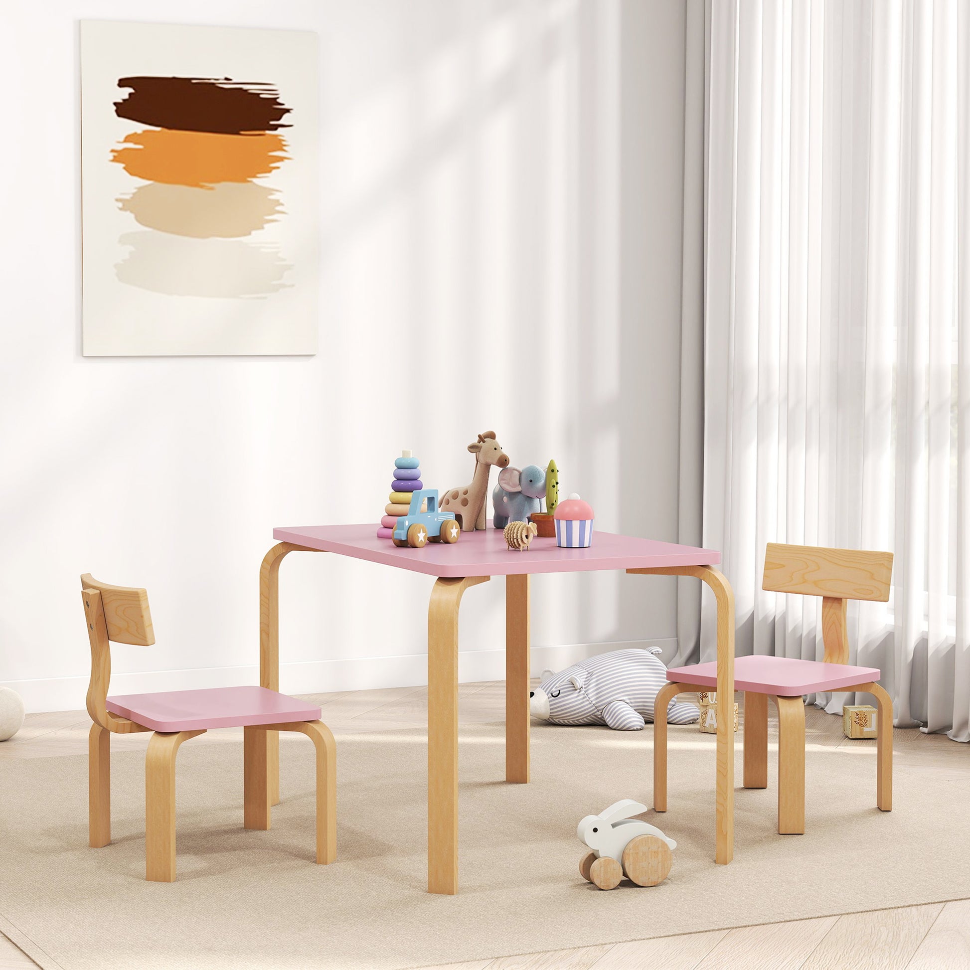 Qaba Kids Table and 2 Chair Set, Children Multi-Activity Furniture Set for Playing, Learning, Eating, Craft, Pink-Toys & Games > Toddler & Kids Furniture > Kids Table Sets-DECOROLALA
