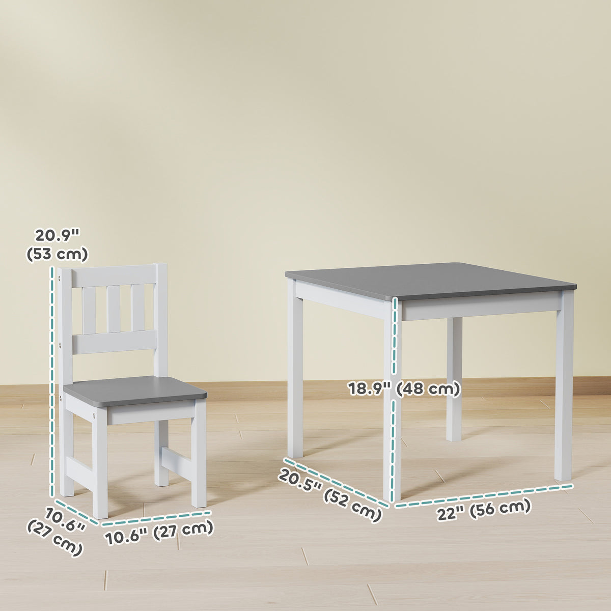 Qaba Kids Table and 2 Chair Set - Grey Pine Wood for Ages 3-8-Toys & Games > Toddler & Kids Furniture > Kids Table Sets-DECOROLALA