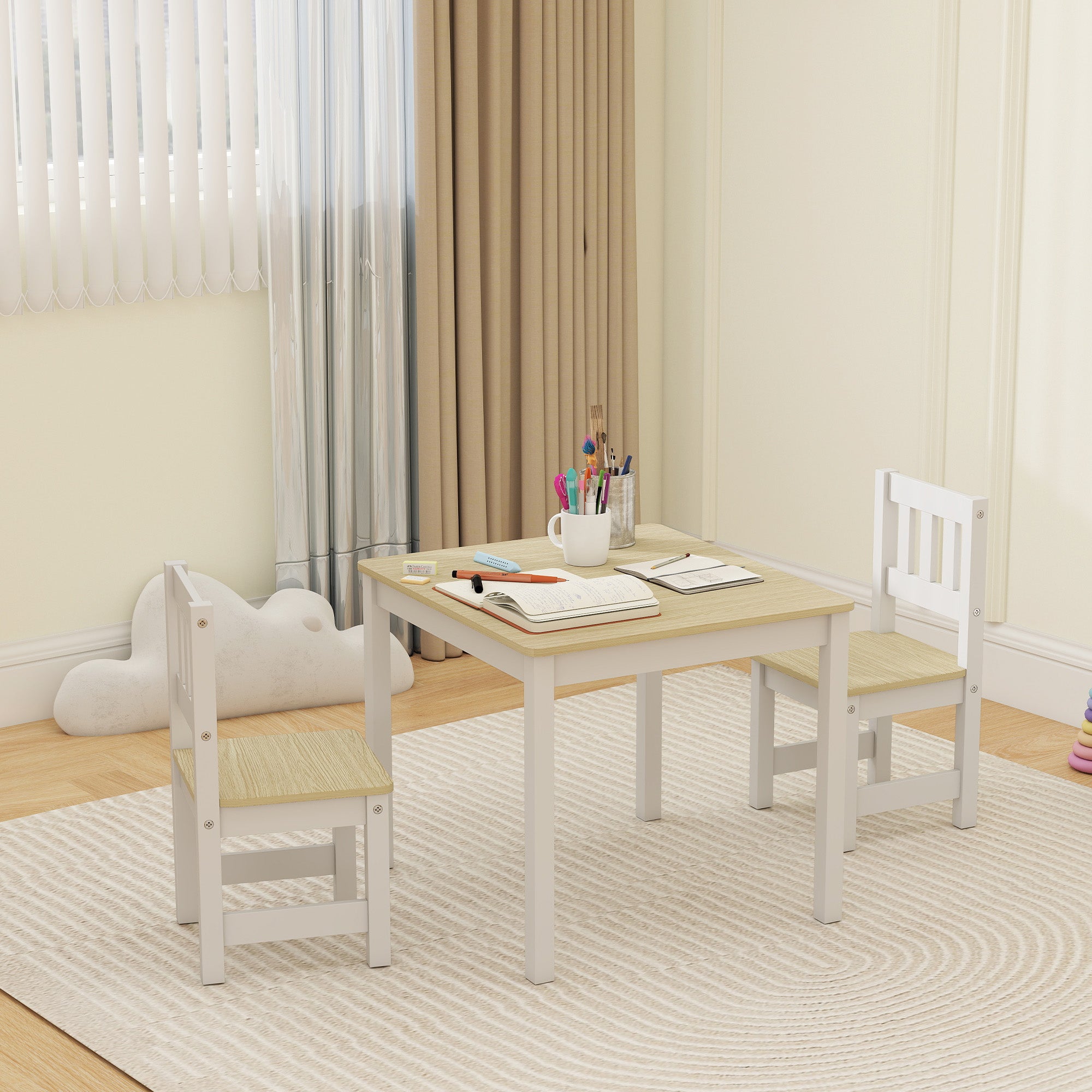 Qaba Kids Table and 2 Chair Set - Natural Pine Wood 3-Piece-Toys & Games > Toddler & Kids Furniture > Kids Table Sets-DECOROLALA