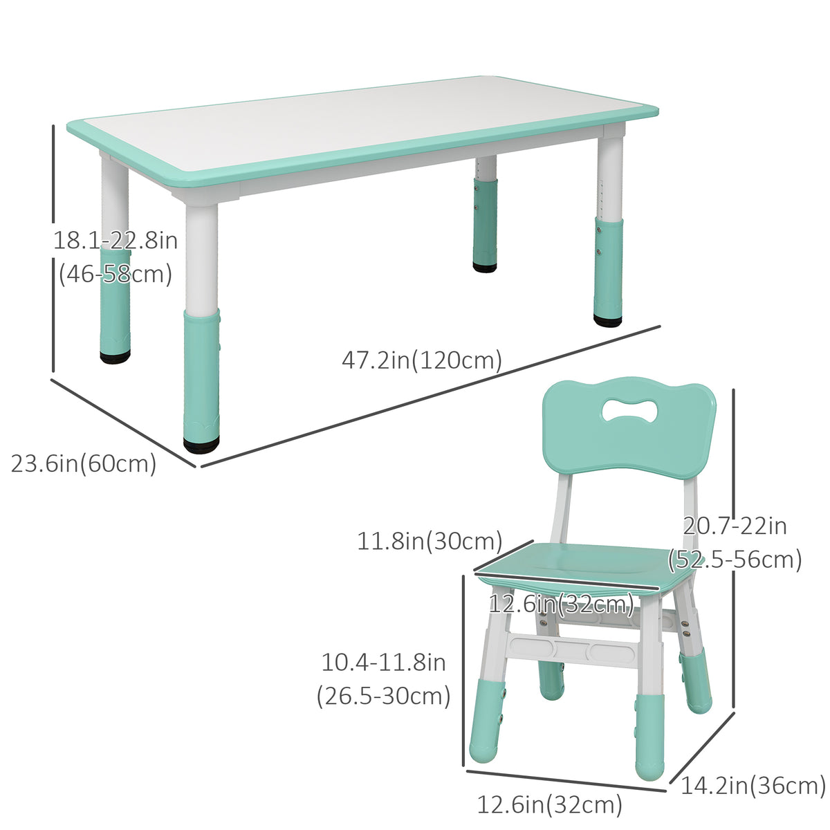 Qaba Kids Table and 4 Chairs Set - Adjustable Height Green-Toys & Games > Toddler & Kids Furniture > Kids Table Sets-DECOROLALA