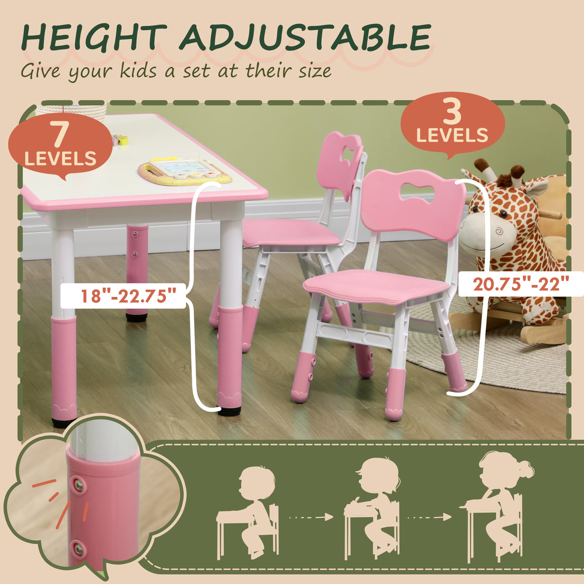 Qaba Kids Table and 4 Chairs Set, Adjustable Height - Pink-Toys & Games > Toddler & Kids Furniture > Kids Table Sets-DECOROLALA