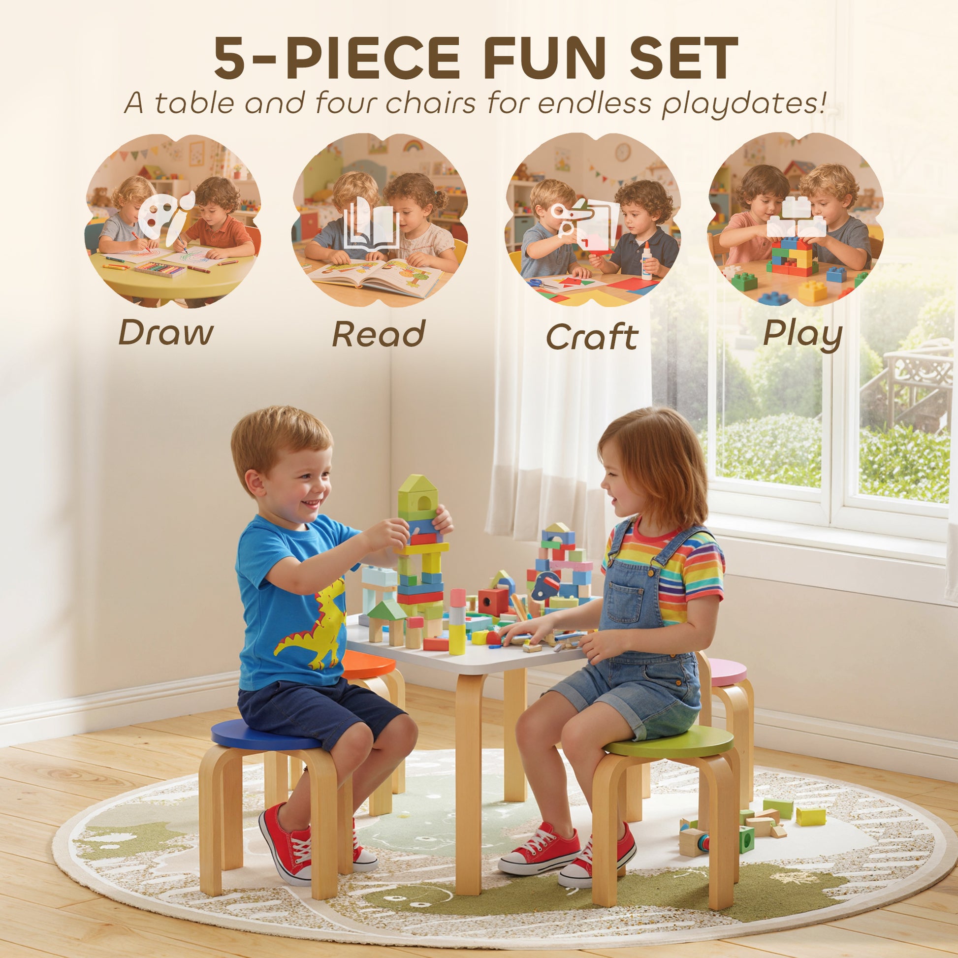 Qaba Kids Table and Chair Set, 5-Piece Children Furniture Set, Kids Table and 4 Chair Set for Daycare, Classroom, Playroom-Toys & Games > Toddler & Kids Furniture > Kids Table Sets-DECOROLALA