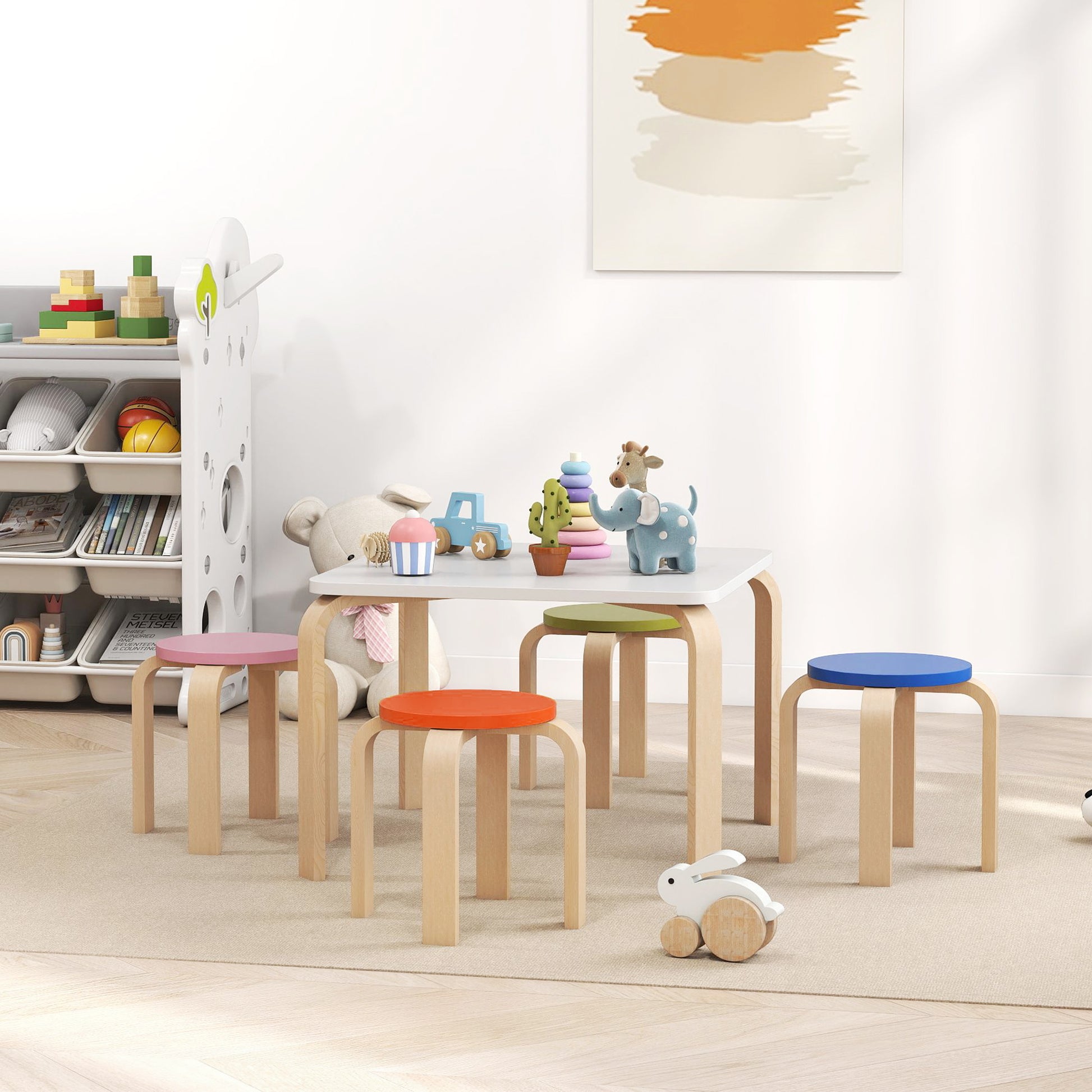Qaba Kids Table and Chair Set, 5-Piece Children Furniture Set, Kids Table and 4 Chair Set for Daycare, Classroom, Playroom-Toys & Games > Toddler & Kids Furniture > Kids Table Sets-DECOROLALA