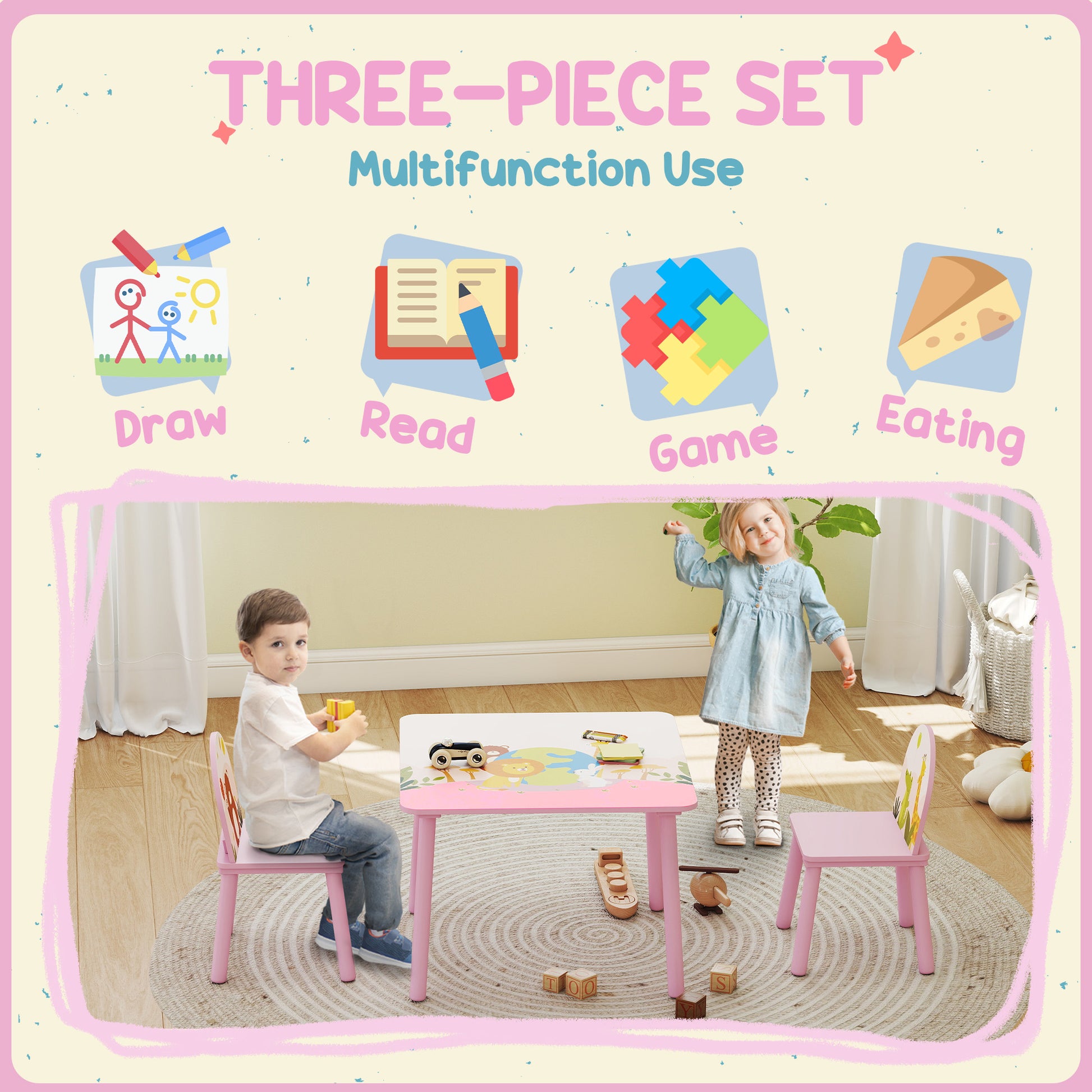 Qaba Kids Table and Chair Set, Toddler Table and 2 Chairs Set for Art, Craft, Reading, Learning, Pink-Toys & Games > Toddler & Kids Furniture > Kids Table Sets-DECOROLALA