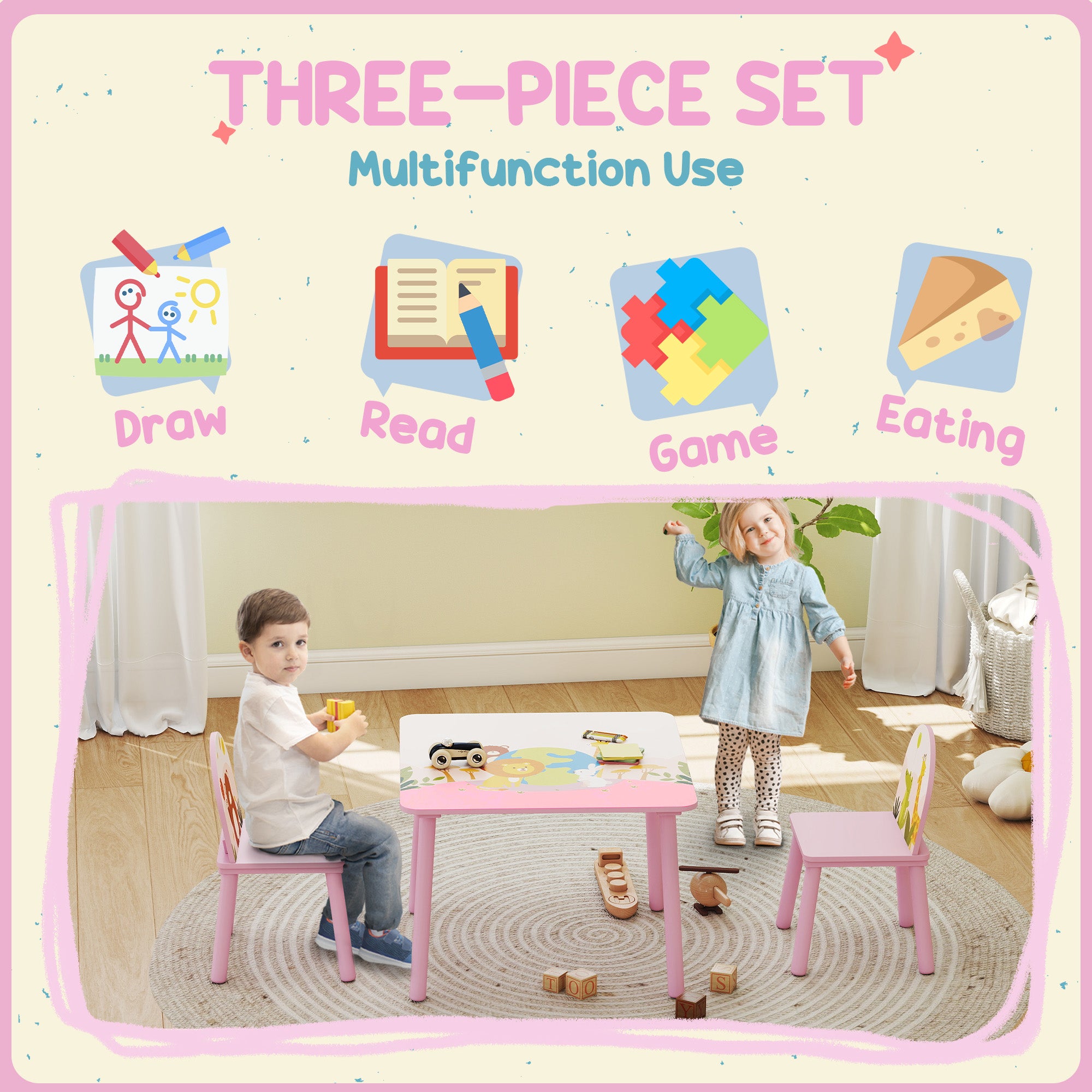 Qaba Kids Table and Chair Set, Toddler Table and 2 Chairs Set for Art, Craft, Reading, Learning, Pink-Toys & Games > Toddler & Kids Furniture > Kids Table Sets-DECOROLALA