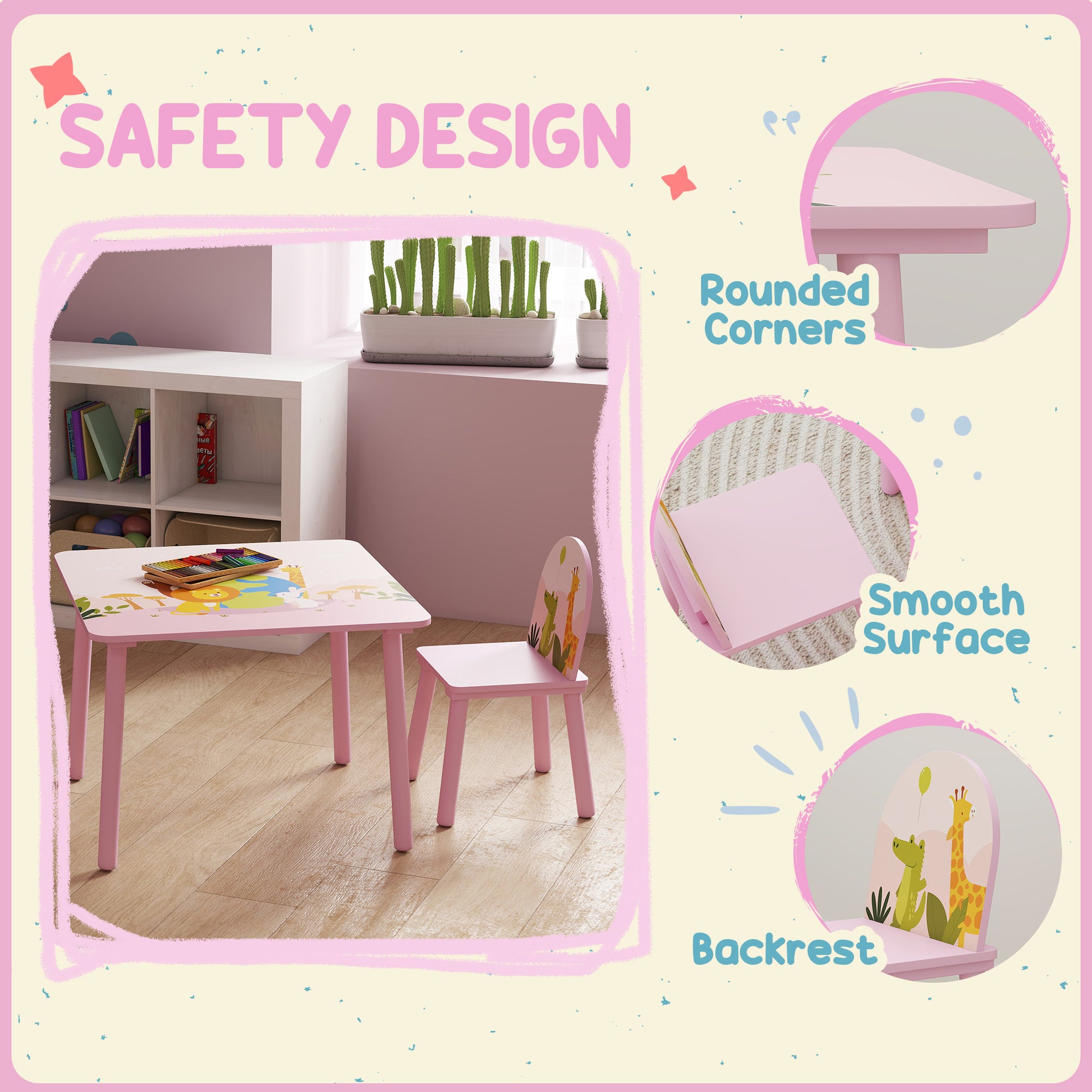 Qaba Kids Table and Chair Set, Toddler Table and 2 Chairs Set for Art, Craft, Reading, Learning, Pink-Toys & Games > Toddler & Kids Furniture > Kids Table Sets-DECOROLALA