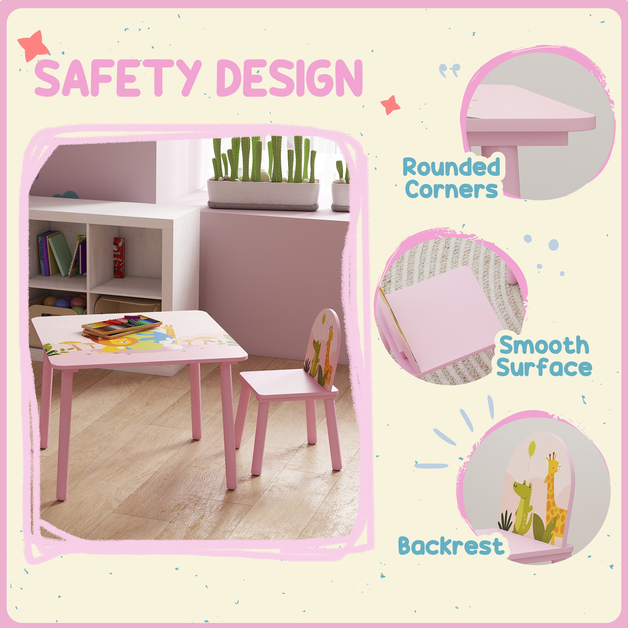 Qaba Kids Table and Chair Set, Toddler Table and 2 Chairs Set for Art, Craft, Reading, Learning, Pink-Toys & Games > Toddler & Kids Furniture > Kids Table Sets-DECOROLALA