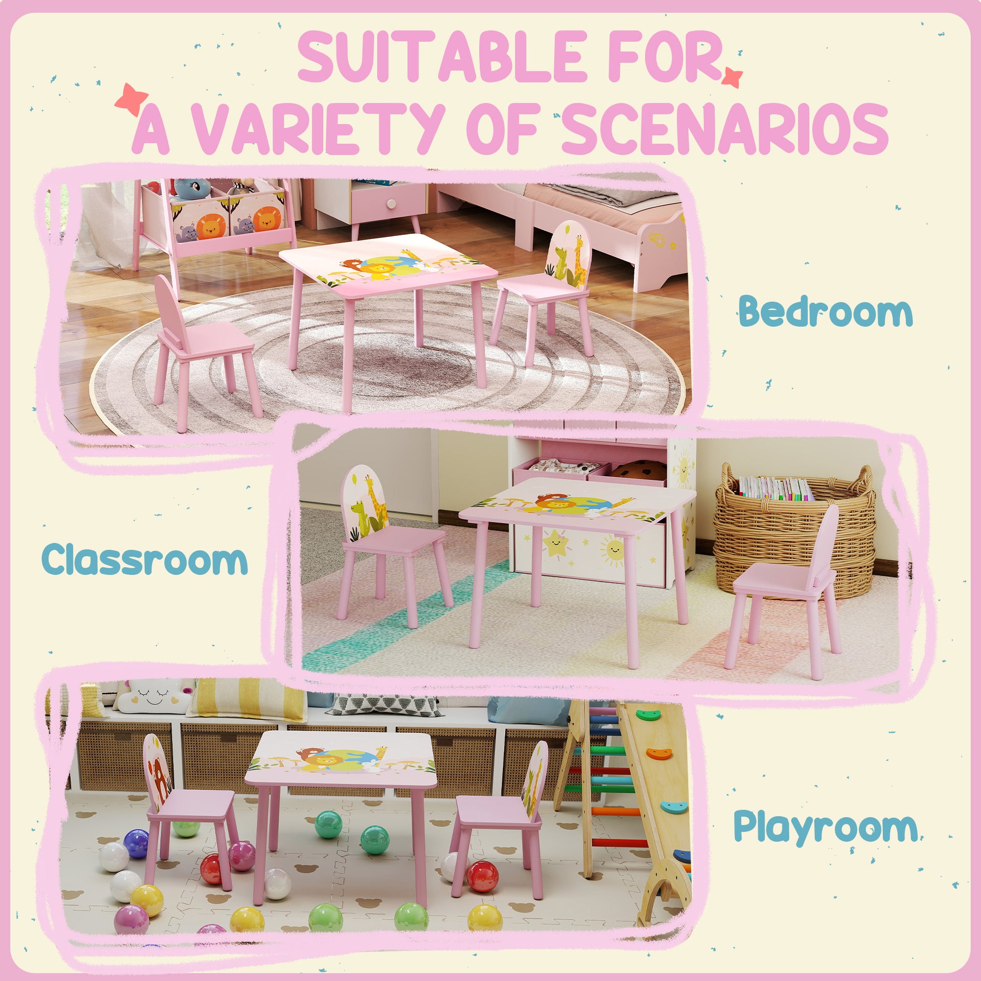 Qaba Kids Table and Chair Set, Toddler Table and 2 Chairs Set for Art, Craft, Reading, Learning, Pink-Toys & Games > Toddler & Kids Furniture > Kids Table Sets-DECOROLALA