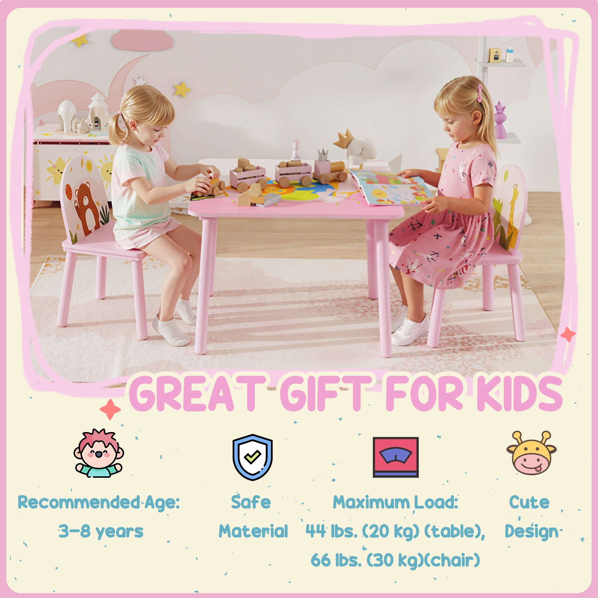 Qaba Kids Table and Chair Set, Toddler Table and 2 Chairs Set for Art, Craft, Reading, Learning, Pink-Toys & Games > Toddler & Kids Furniture > Kids Table Sets-DECOROLALA