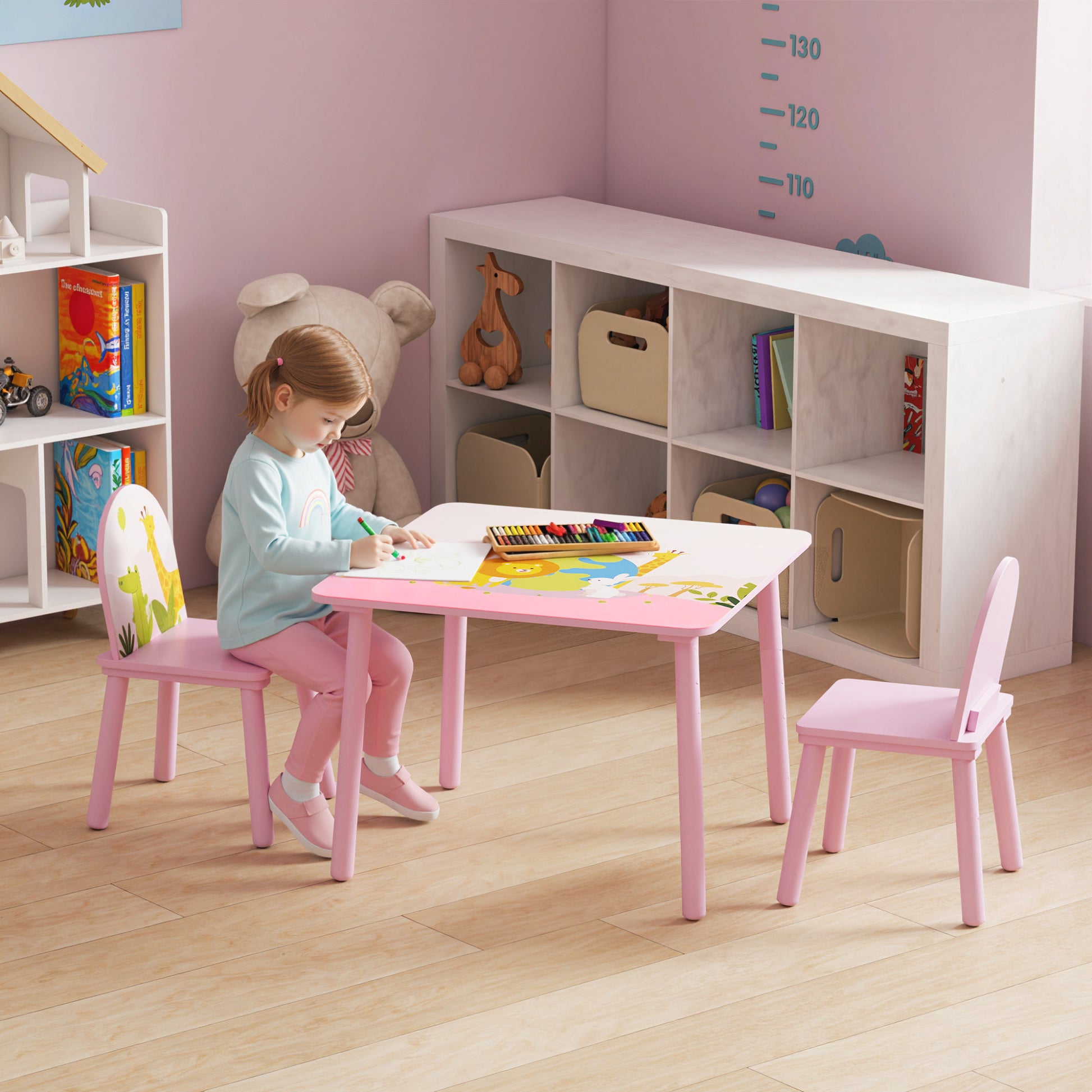 Qaba Kids Table and Chair Set, Toddler Table and 2 Chairs Set for Art, Craft, Reading, Learning, Pink-Toys & Games > Toddler & Kids Furniture > Kids Table Sets-DECOROLALA