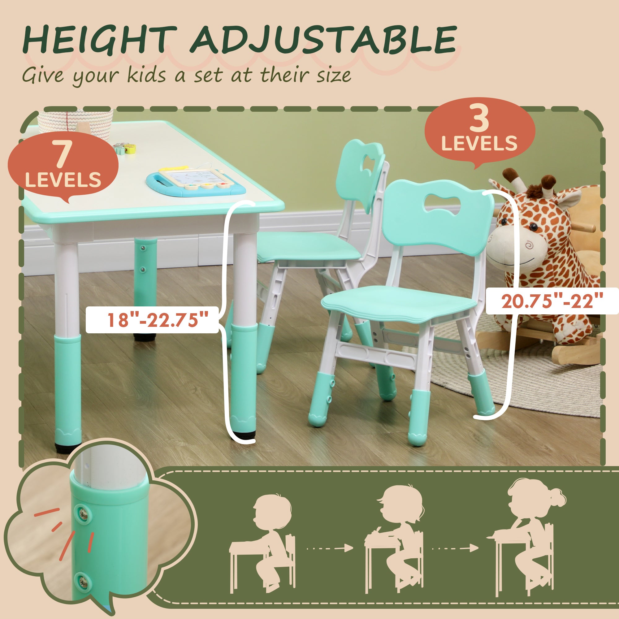 Qaba Kids Table and Chair Set with 4 Chairs, Adjustable Height, Easy to Clean, for 1.5 - 8 Years Old, Green-Toys & Games > Toddler & Kids Furniture > Kids Table Sets-DECOROLALA